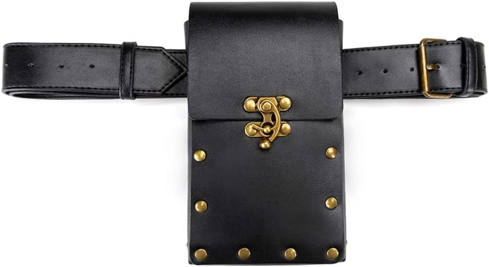 Belt Pouch Waist Bag Fanny Pack Medieval Vintage Leather Pouch Cellphone Holder Holster Carry Belt Purse Pocket Casual Hiking Festival Renaissance Faire Costume Props Travel Wallet (Black)