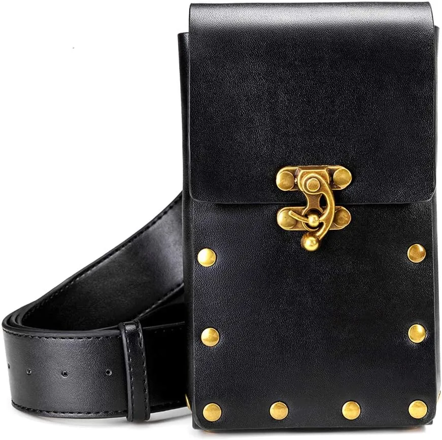 Belt Pouch Waist Bag Fanny Pack Medieval Vintage Leather Pouch Cellphone Holder Holster Carry Belt Purse Pocket Casual Hiking Festival Renaissance Faire Costume Props Travel Wallet (Black)