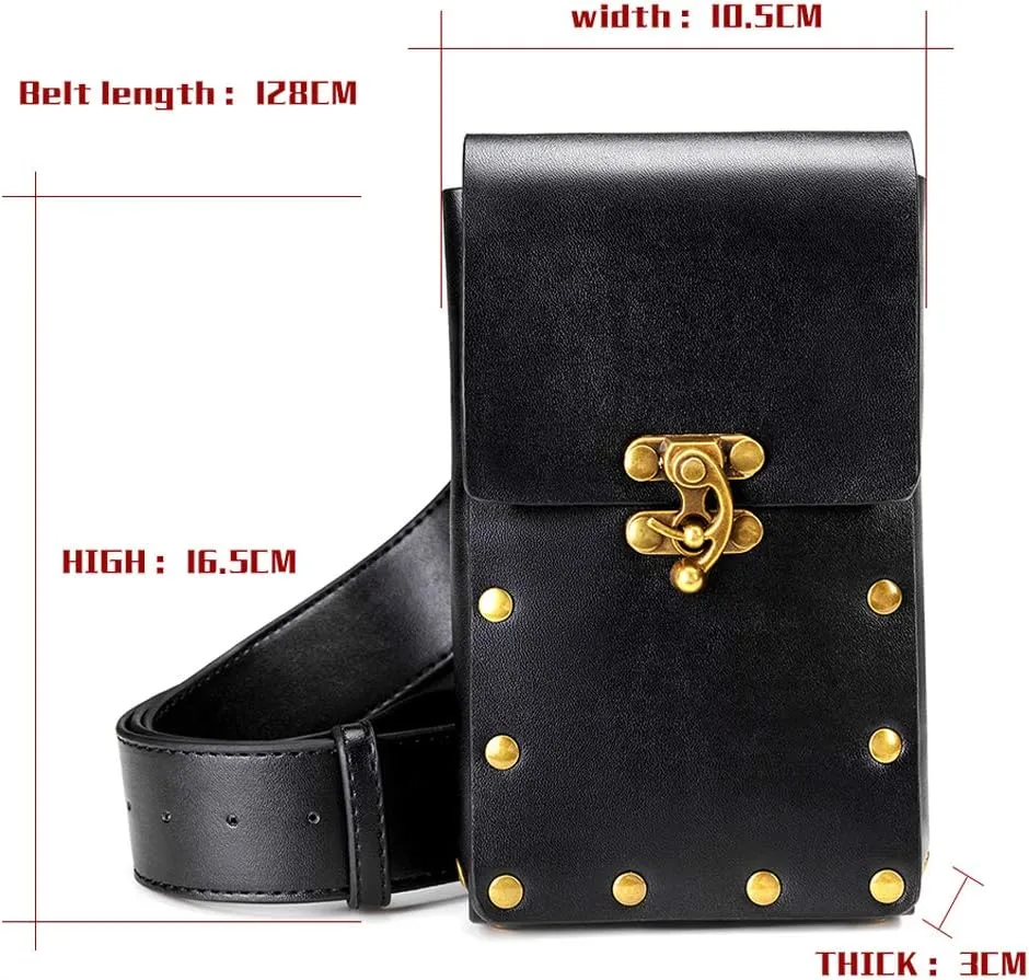 Belt Pouch Waist Bag Fanny Pack Medieval Vintage Leather Pouch Cellphone Holder Holster Carry Belt Purse Pocket Casual Hiking Festival Renaissance Faire Costume Props Travel Wallet (Black)