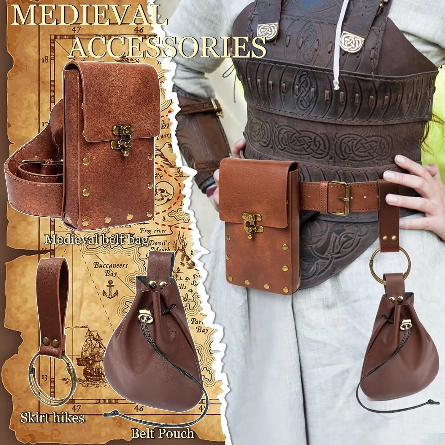 Belt Pouch Waist Bag Fanny Pack Medieval Vintage Leather Pouch Cellphone Holder Holster Carry Belt Purse Pocket Casual Hiking Festival Renaissance Faire Costume Props Travel Wallet (I2-Brown)