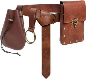Belt Pouch Waist Bag Fanny Pack Medieval Vintage Leather Pouch Cellphone Holder Holster Carry Belt Purse Pocket Casual Hiking Festival Renaissance Faire Costume Props Travel Wallet (I2-Brown)