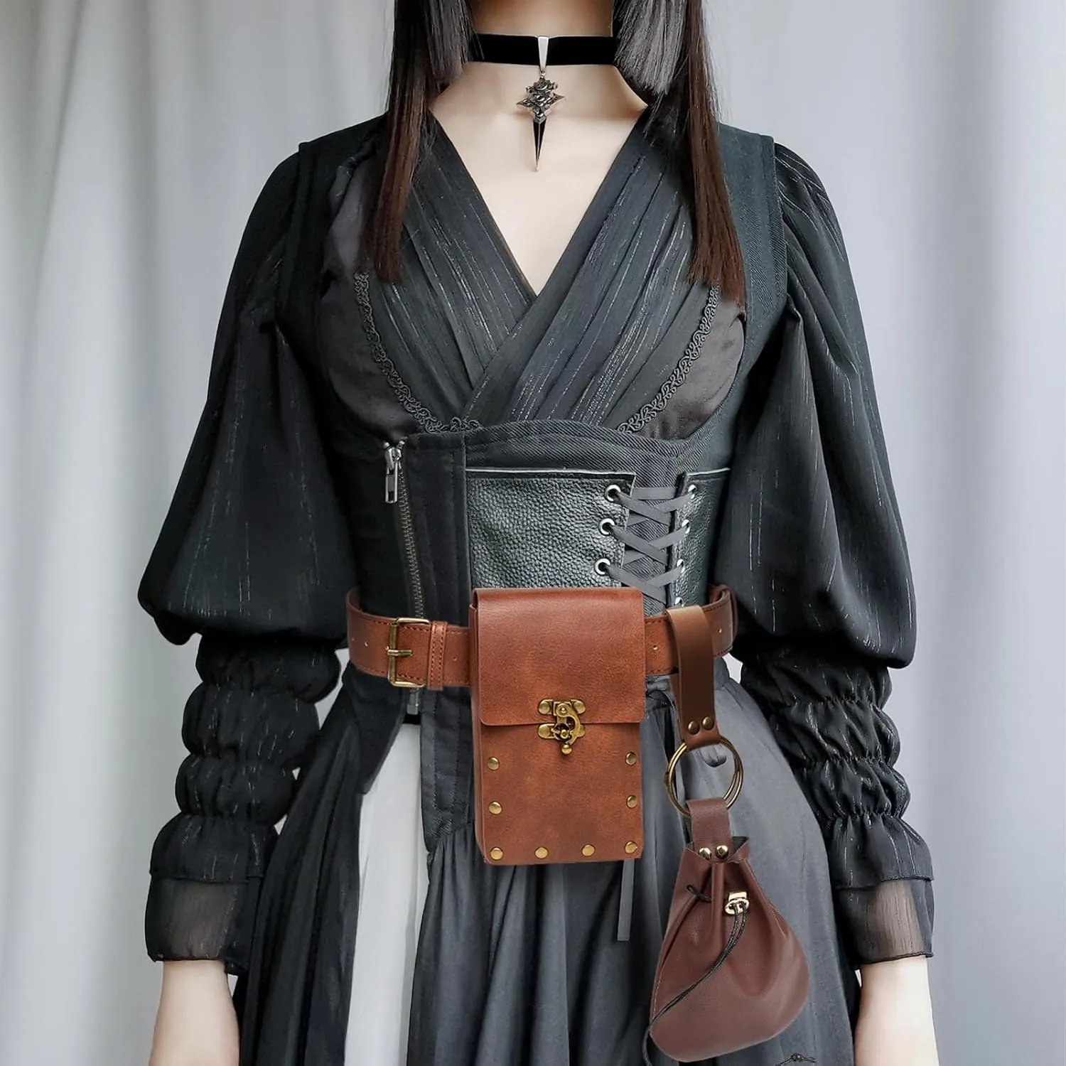 Belt Pouch Waist Bag Fanny Pack Medieval Vintage Leather Pouch Cellphone Holder Holster Carry Belt Purse Pocket Casual Hiking Festival Renaissance Faire Costume Props Travel Wallet (I2-Brown)