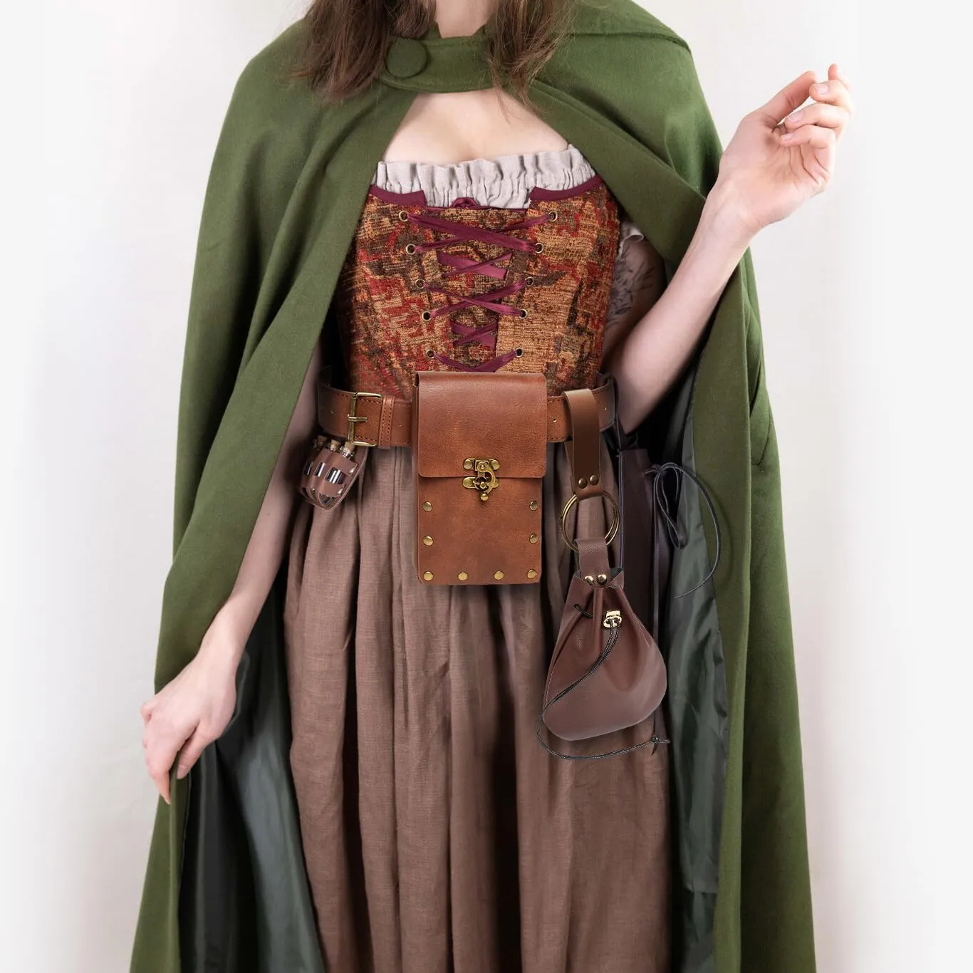 Belt Pouch Waist Bag Fanny Pack Medieval Vintage Leather Pouch Cellphone Holder Holster Carry Belt Purse Pocket Casual Hiking Festival Renaissance Faire Costume Props Travel Wallet (I2-Brown)