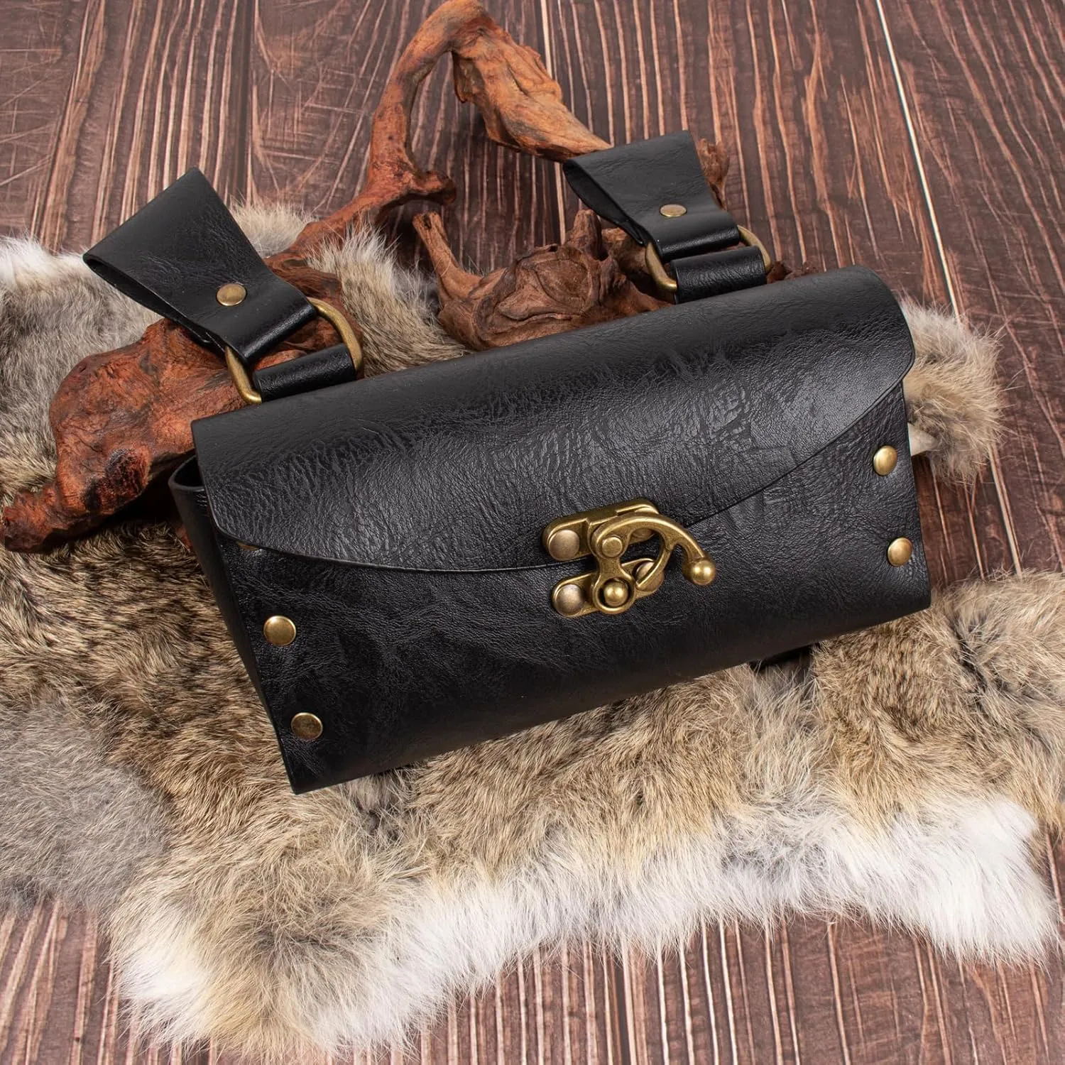 Belt Pouch Waist Bag Fanny Pack Medieval Vintage Leather Pouch Cellphone Holder Holster Carry Belt Purse Pocket Casual Hiking Festival Renaissance Faire Costume Props Travel Wallet (K2-Black)