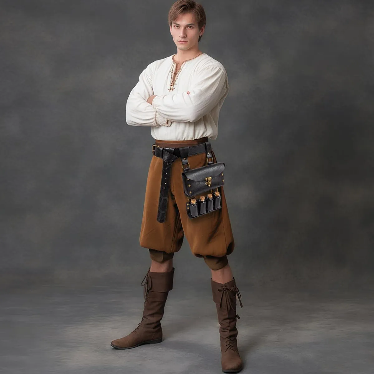 Belt Pouch Waist Bag Fanny Pack Medieval Vintage Leather Pouch Cellphone Holder Holster Carry Belt Purse Pocket Casual Hiking Festival Renaissance Faire Costume Props Travel Wallet (K2-Black)
