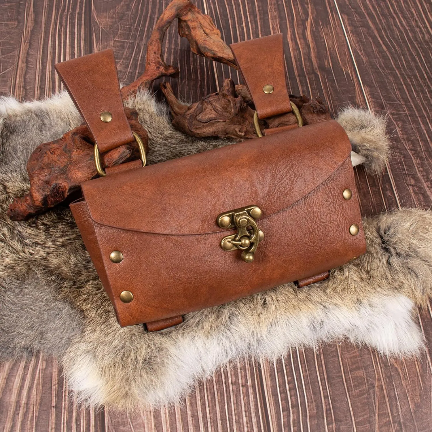 Belt Pouch Waist Bag Fanny Pack Medieval Vintage Leather Pouch Cellphone Holder Holster Carry Belt Purse Pocket Casual Hiking Festival Renaissance Faire Costume Props Travel Wallet (K2-Brown)