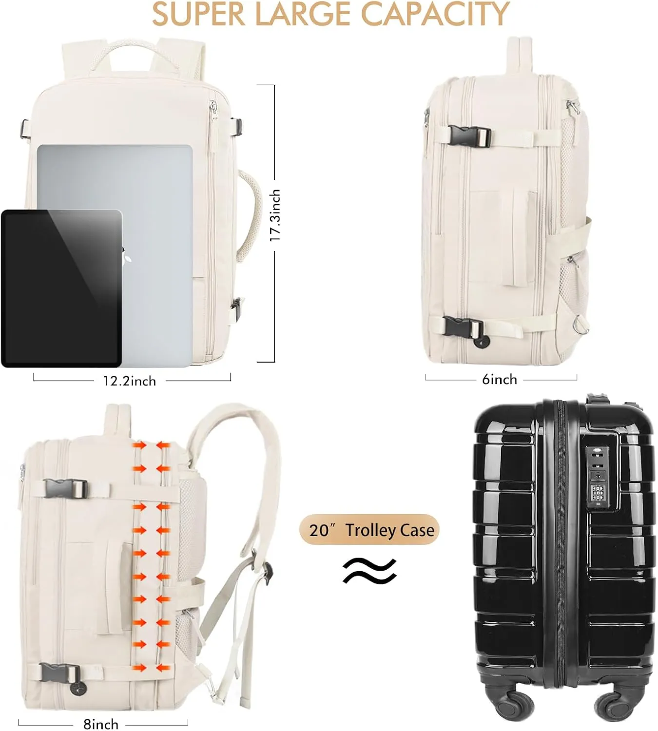 Beraliy Travel Backpack, Large Carry On Backpack, Personal Item Travel Bag, Airline Approved 17 Inch Laptop Backpack, College Weekender Business Hiking Bag, Beige