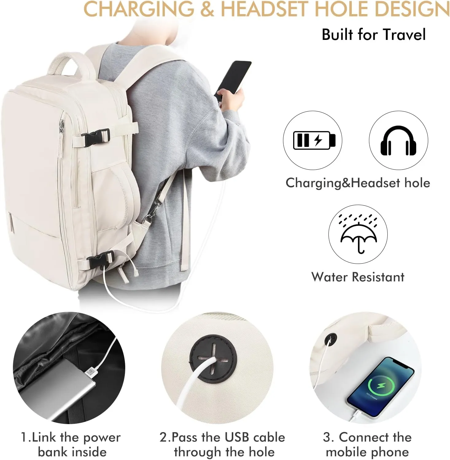 Beraliy Travel Backpack, Large Carry On Backpack, Personal Item Travel Bag, Airline Approved 17 Inch Laptop Backpack, College Weekender Business Hiking Bag, Beige