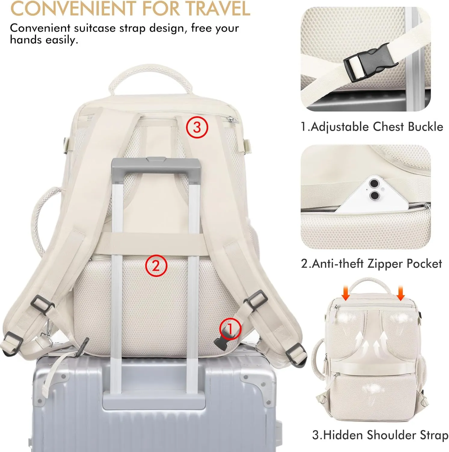 Beraliy Travel Backpack, Large Carry On Backpack, Personal Item Travel Bag, Airline Approved 17 Inch Laptop Backpack, College Weekender Business Hiking Bag, Beige