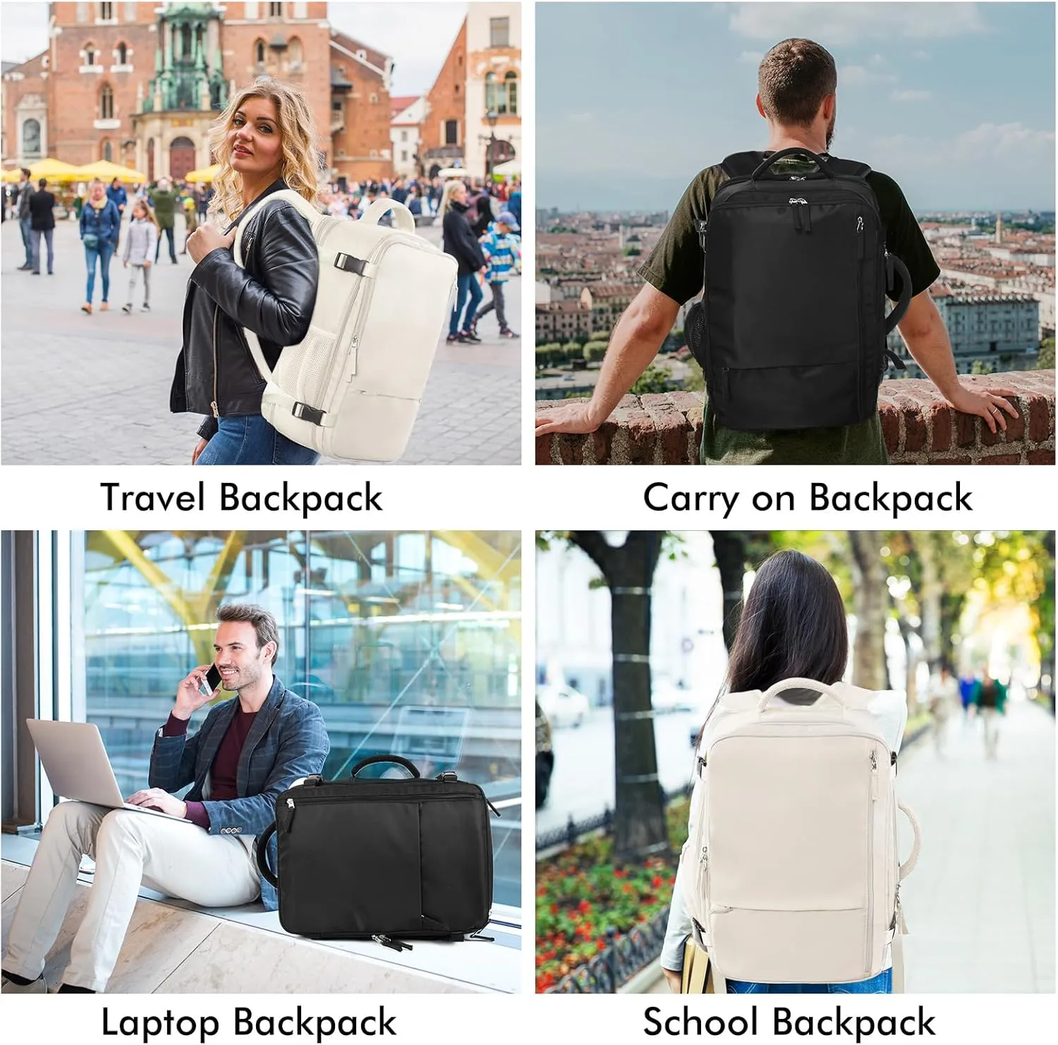 Beraliy Travel Backpack, Large Carry On Backpack, Personal Item Travel Bag, Airline Approved 17 Inch Laptop Backpack, College Weekender Business Hiking Bag, Beige
