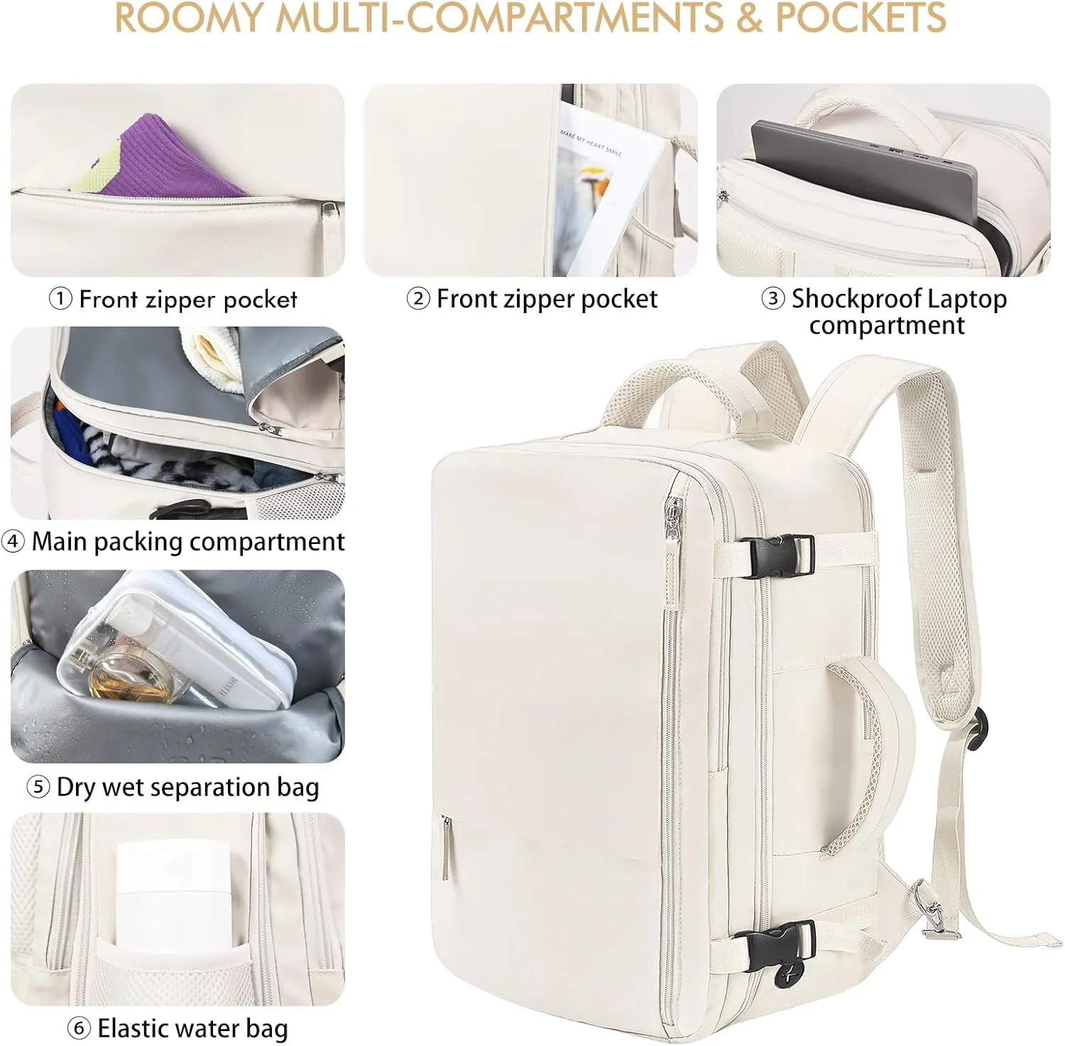 Beraliy Travel Backpack, Large Carry On Backpack, Personal Item Travel Bag, Airline Approved 17 Inch Laptop Backpack, College Weekender Business Hiking Bag, Beige