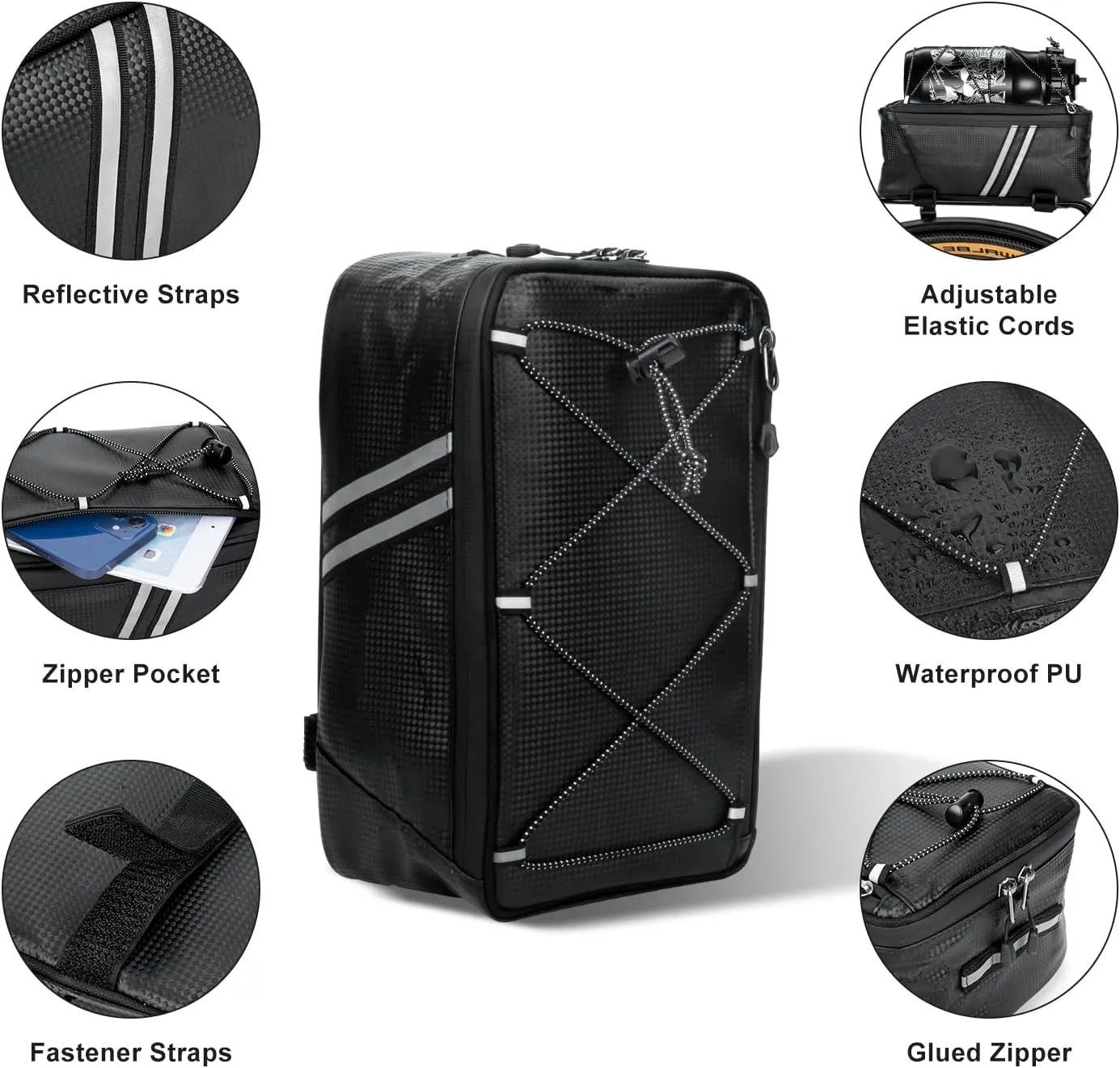 Bike Reflective Trunk Bags Waterproof Rear Rack Bag for Bicycle, 7L Capacity Insulated Storage Pannier Bag Bike Cargo Bag With Reflective Strips for Outdoor Travel Camping Picnic Commuter