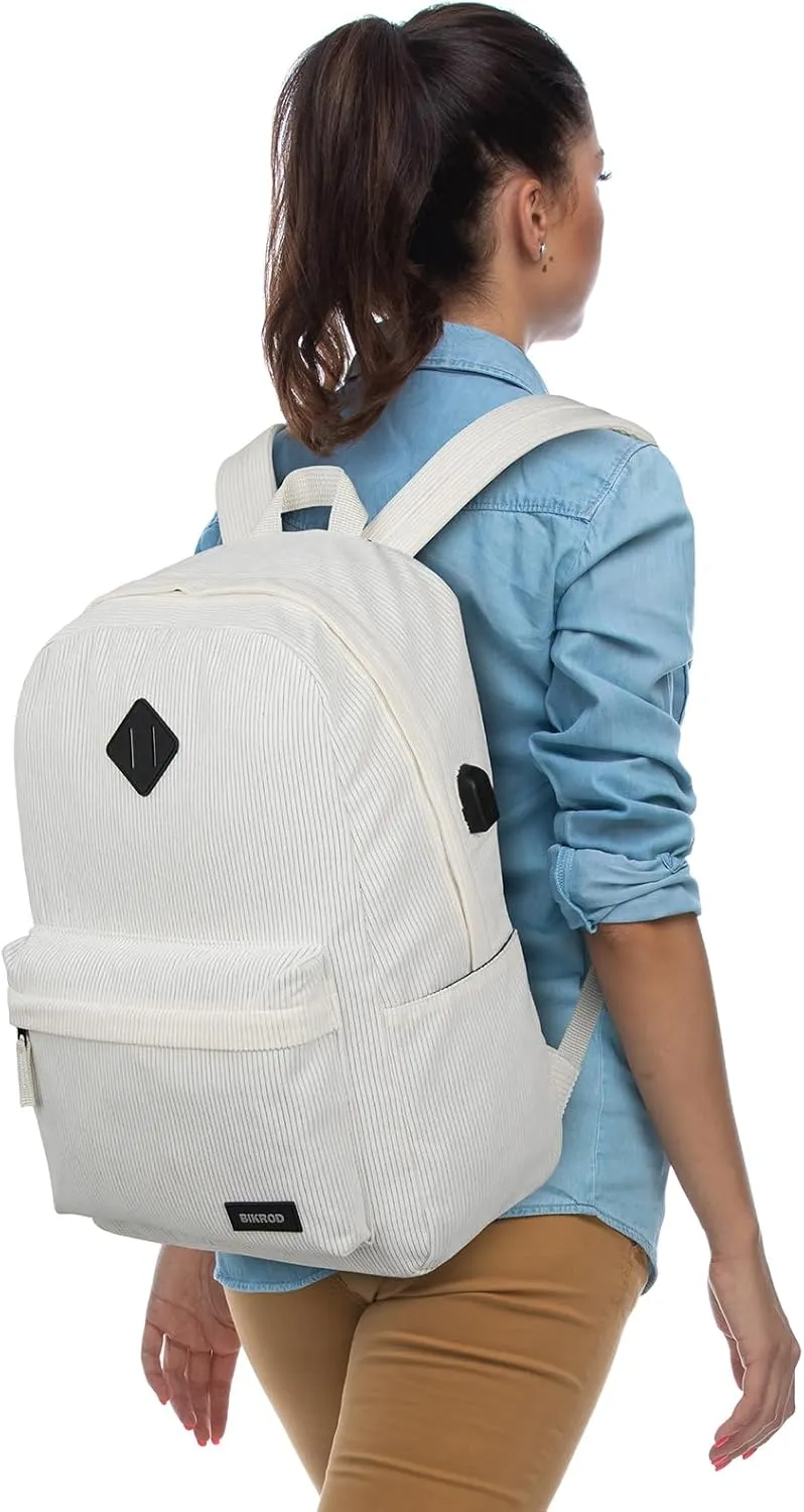 BIKROD Backpack for Women, School Backpack for Girls Beige, Lightweight Causal Kids Bookbag, Large Cute Soft Corduroy Backpack with USB Charging Port Fit 15.6 Inch Notebook, College Men Daypack