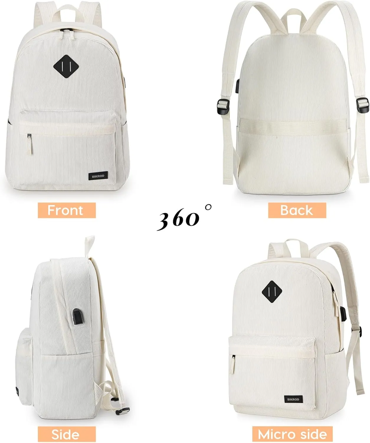 BIKROD Backpack for Women, School Backpack for Girls Beige, Lightweight Causal Kids Bookbag, Large Cute Soft Corduroy Backpack with USB Charging Port Fit 15.6 Inch Notebook, College Men Daypack