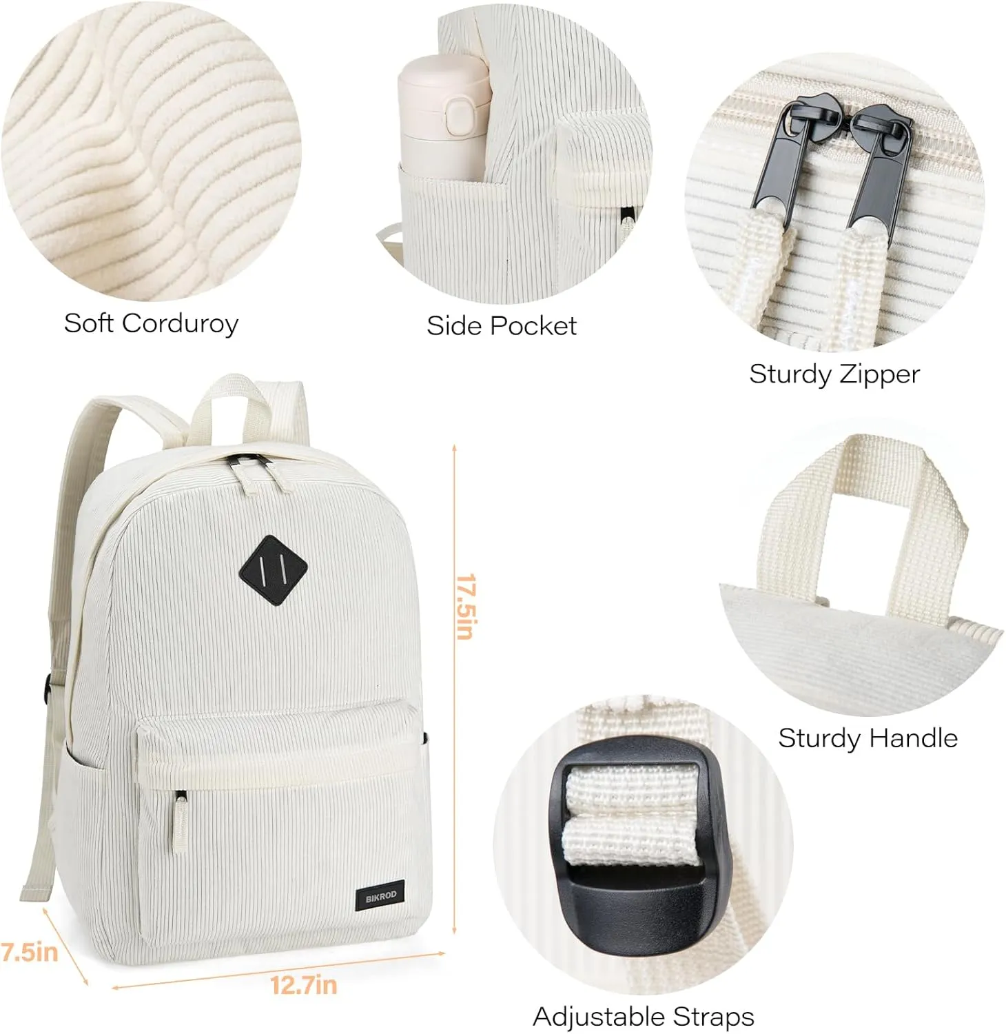 BIKROD Backpack for Women, School Backpack for Girls Beige, Lightweight Causal Kids Bookbag, Large Cute Soft Corduroy Backpack with USB Charging Port Fit 15.6 Inch Notebook, College Men Daypack