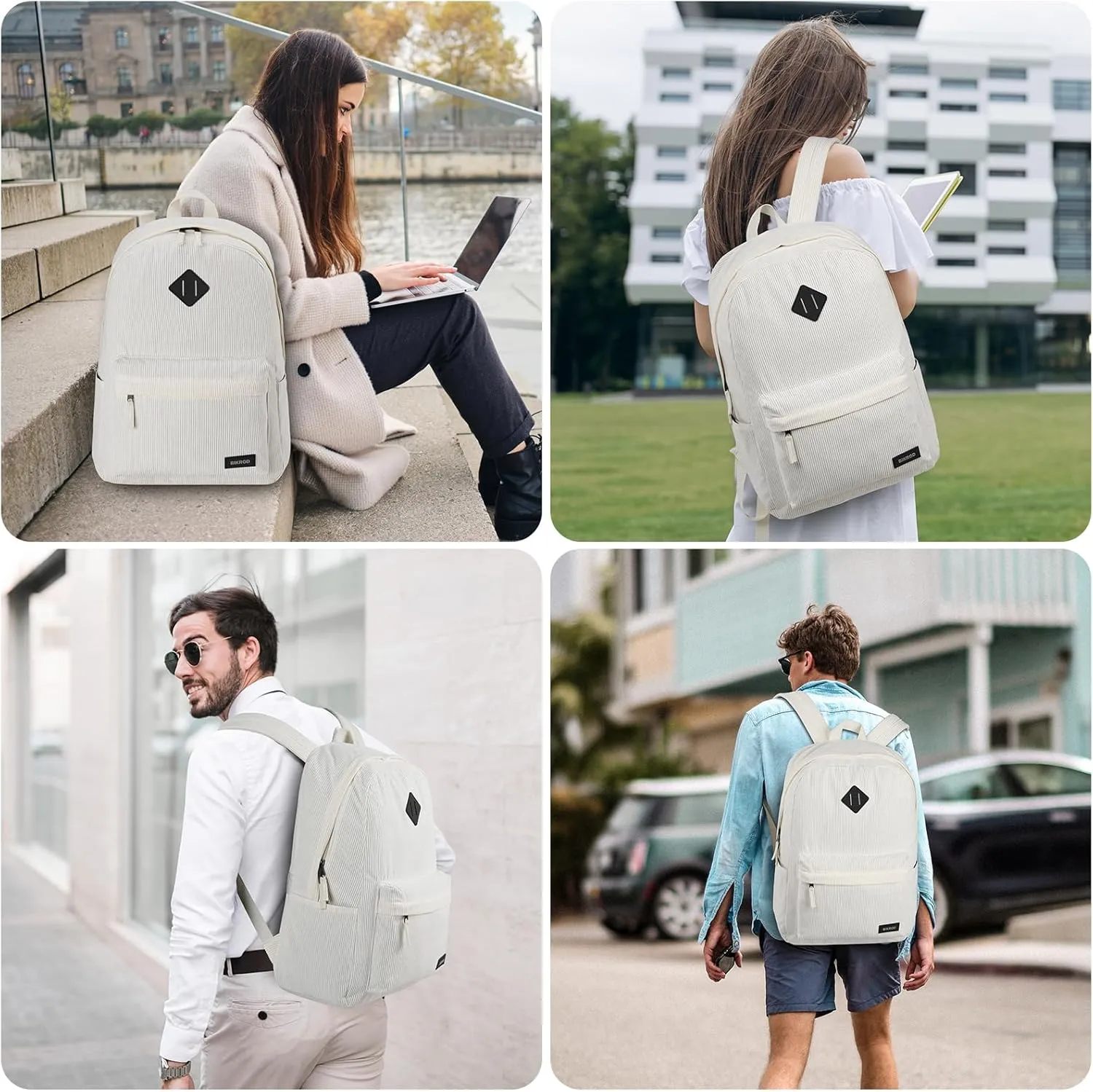 BIKROD Backpack for Women, School Backpack for Girls Beige, Lightweight Causal Kids Bookbag, Large Cute Soft Corduroy Backpack with USB Charging Port Fit 15.6 Inch Notebook, College Men Daypack