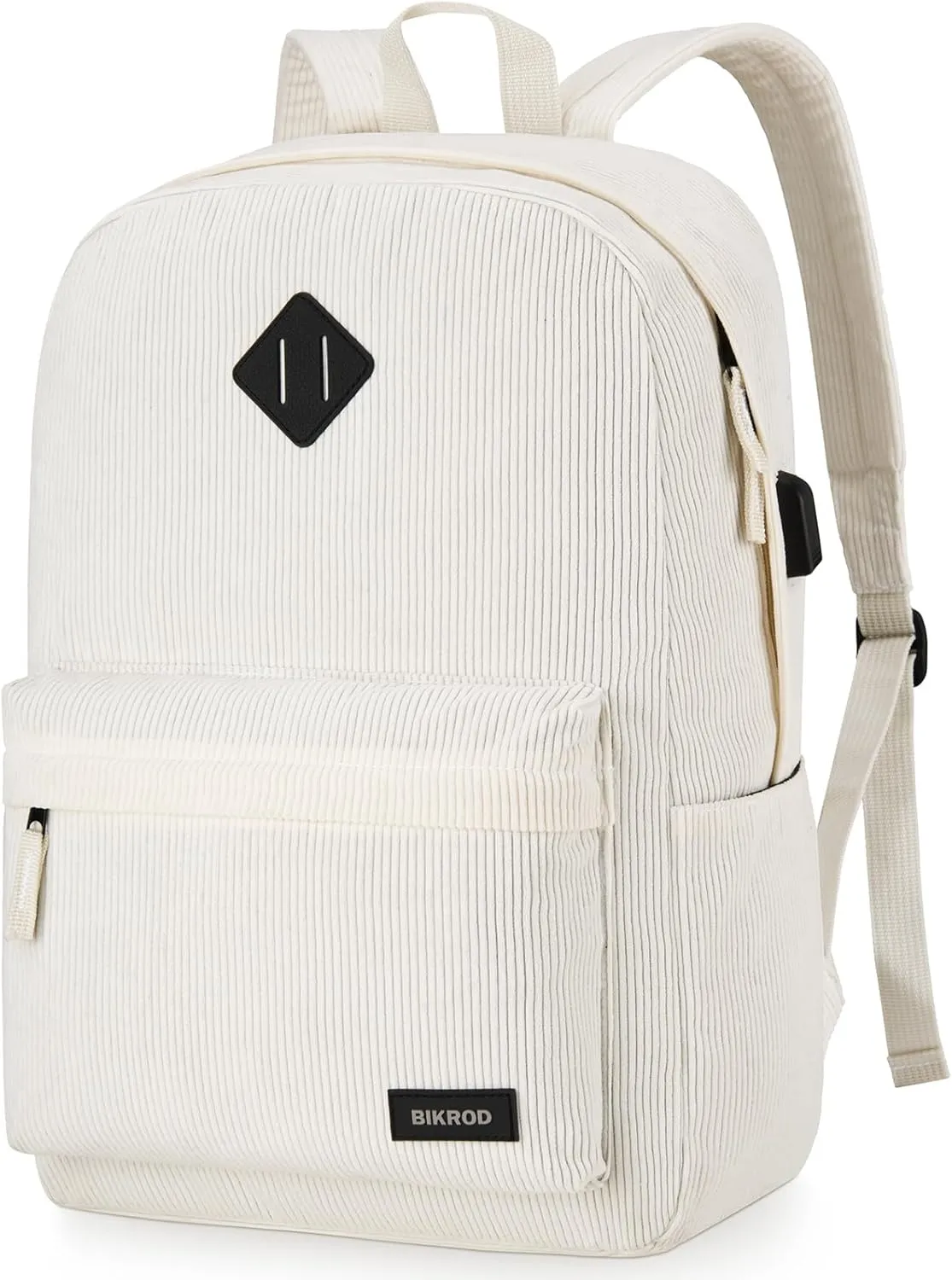 BIKROD Backpack for Women, School Backpack for Girls Beige, Lightweight Causal Kids Bookbag, Large Cute Soft Corduroy Backpack with USB Charging Port Fit 15.6 Inch Notebook, College Men Daypack