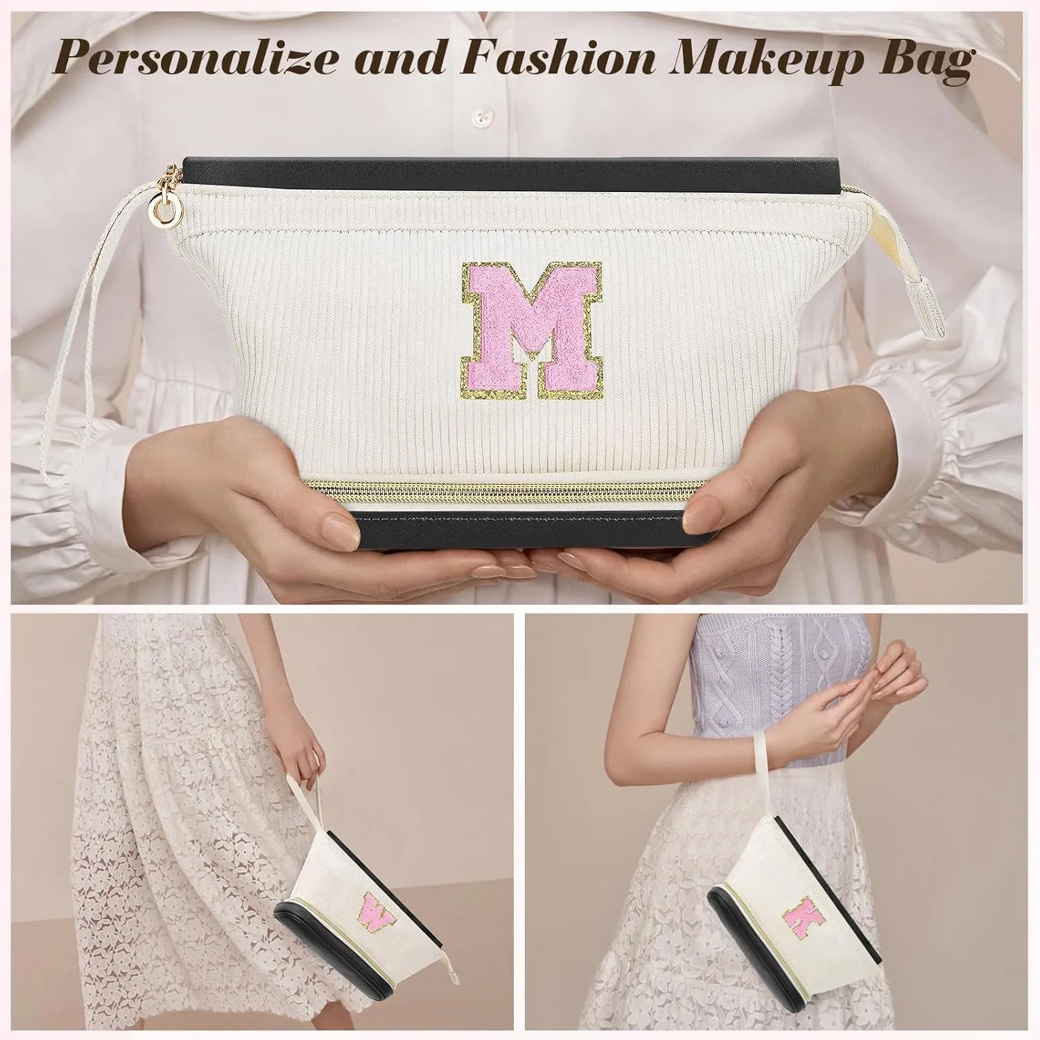 Birthday Gifts for Girls, Personalized Initial Women Makeup Bag, Double Layer Make Up Bag Best Friend Birthday Gifts Teacher Gifts Wedding Gifts Bridesmaid Gifts Daughter Teacher Wife Gifts