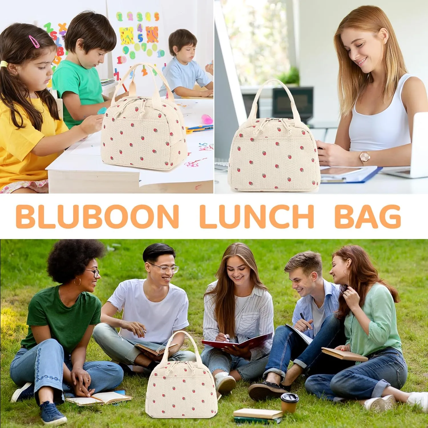 Bluboon Lunch Bag for Women Men Cute Corduroy Lunch Tote Bags Reusable Insulated Lunch Box Large Capacity Reusable Insulated Cooler for Work Picnic or Travel