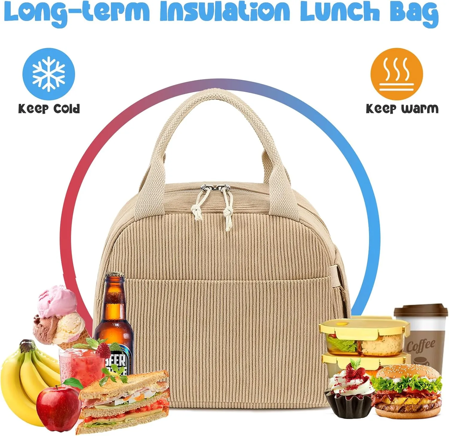 Bluboon Lunch Bag for Women Men Cute Corduroy Lunch Tote Bags Reusable Insulated Lunch Box Large Capacity Reusable Insulated Cooler for Work Picnic or Travel