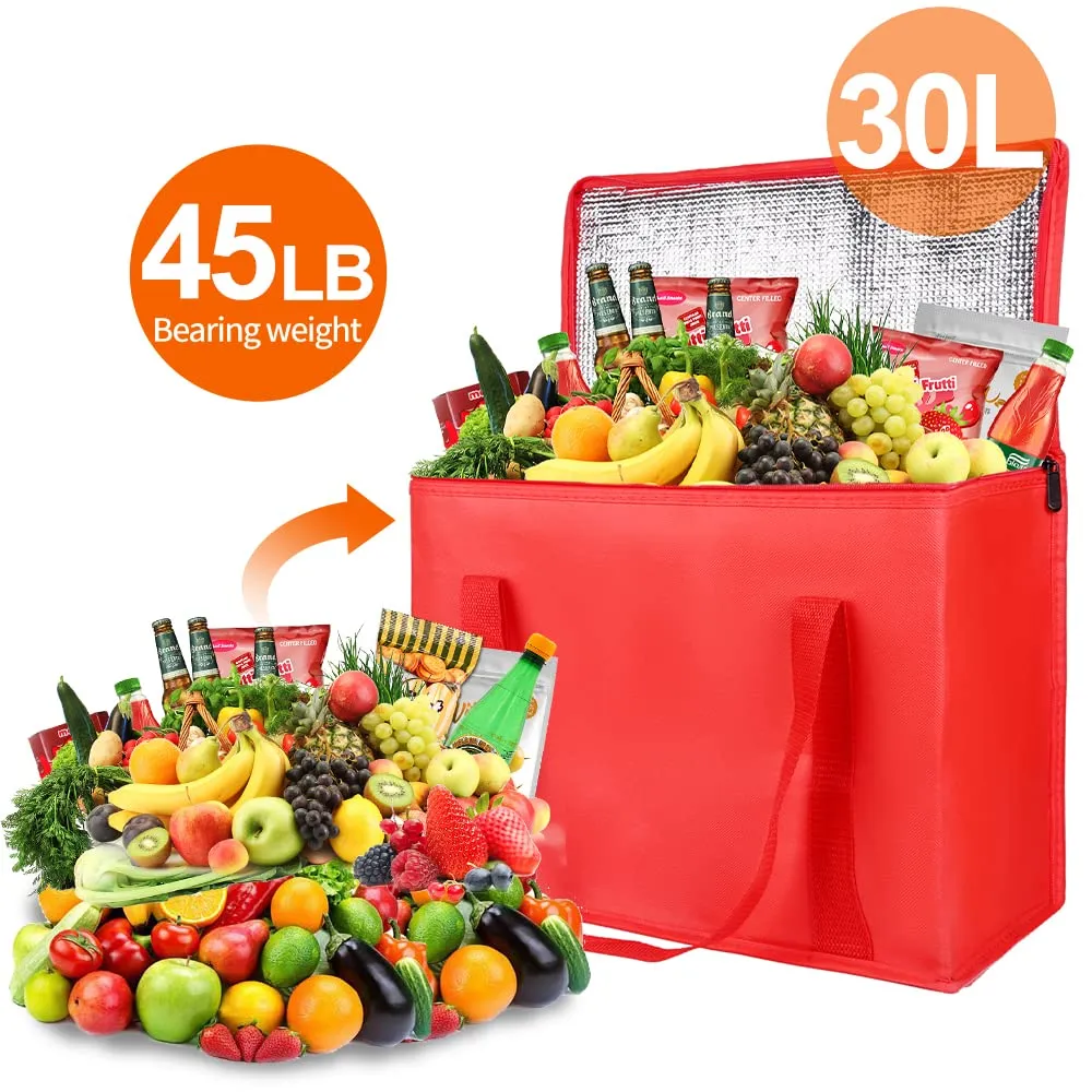 Bodaon Insulated Reusable Grocery Bags, X-Large Freezer Cooler Bag with Zippered Top, Catering Shopping Bag for Food Delivery/Travel/Groceries/Doordash, Best Thermal Bags for Cold Frozen and Hot Food
