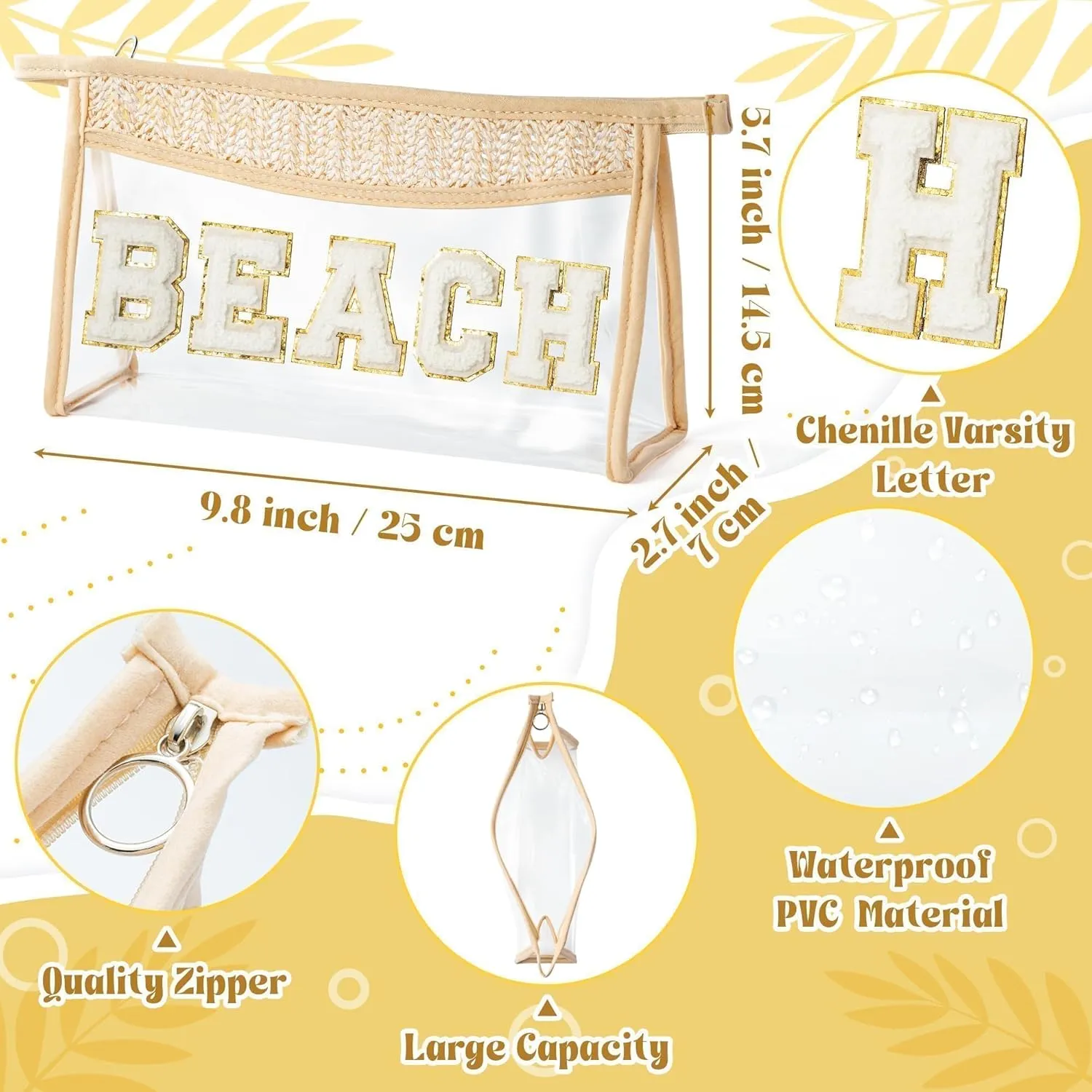 Boho Patch Beach Cosmetic Bag - Summer BEACH Chenille Varsity Toiletry Makeup Bag Beige Letter Clear Waterproof Travel PVC Zipper Clutch Daily Use Purse Summer Makeup Pouch for Women Girls