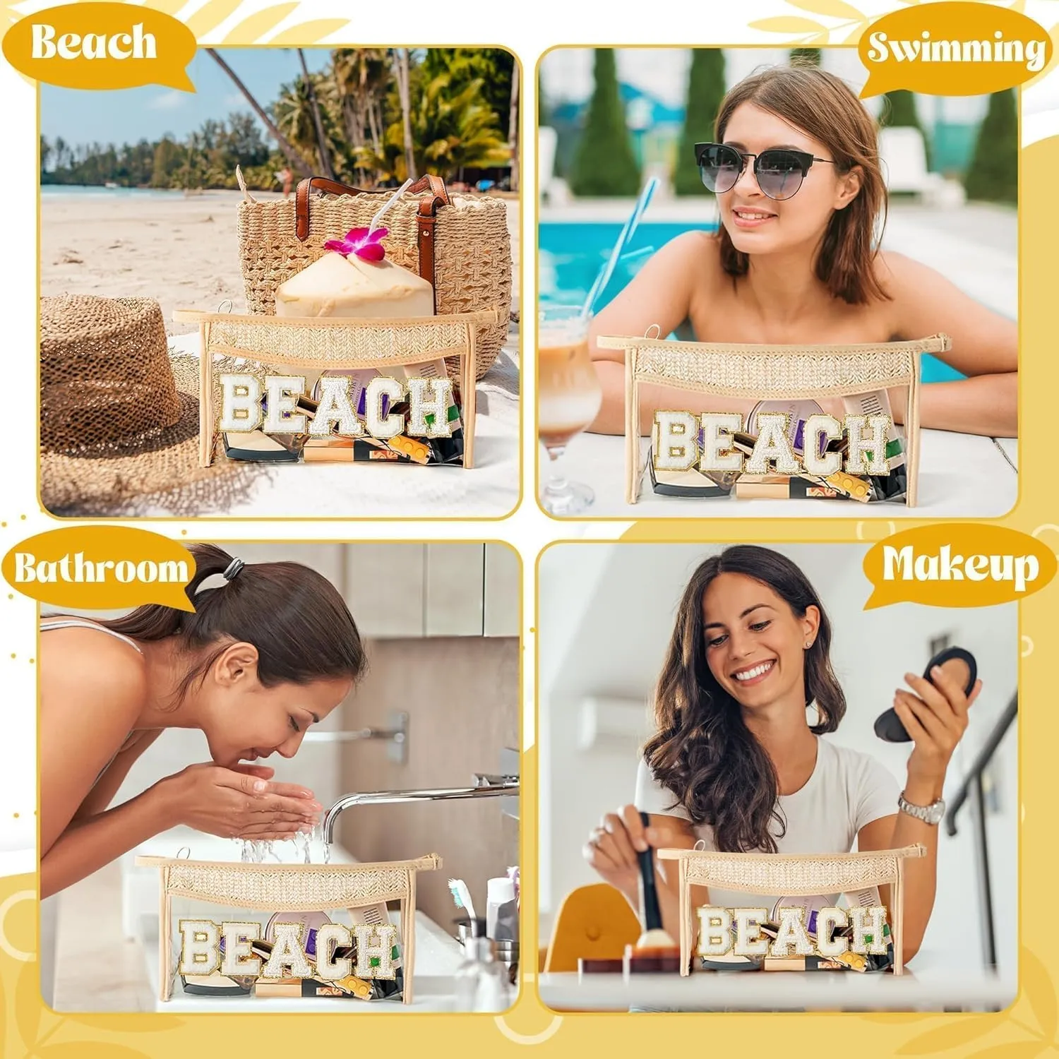 Boho Patch Beach Cosmetic Bag - Summer BEACH Chenille Varsity Toiletry Makeup Bag Beige Letter Clear Waterproof Travel PVC Zipper Clutch Daily Use Purse Summer Makeup Pouch for Women Girls