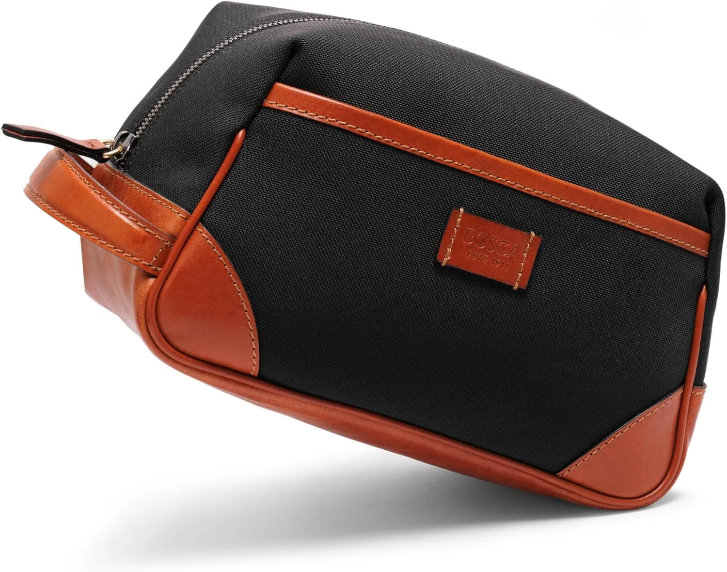 Bosca Large Leather Toiletry Bag for Men - Recycled Abrasion-Resistant Fabric, Hand-Stained Italian Leather Trim - Dolce Marina Mens Leather Travel Shaving Bag Dopp Kit With Brass Zip