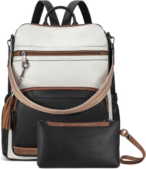 BOSTANTEN Leather Laptop Backpack for Women Designer Travel Backpack with Laptop Compartment Ladies Computer Shoulder Bags Black＆Beige＆Brown