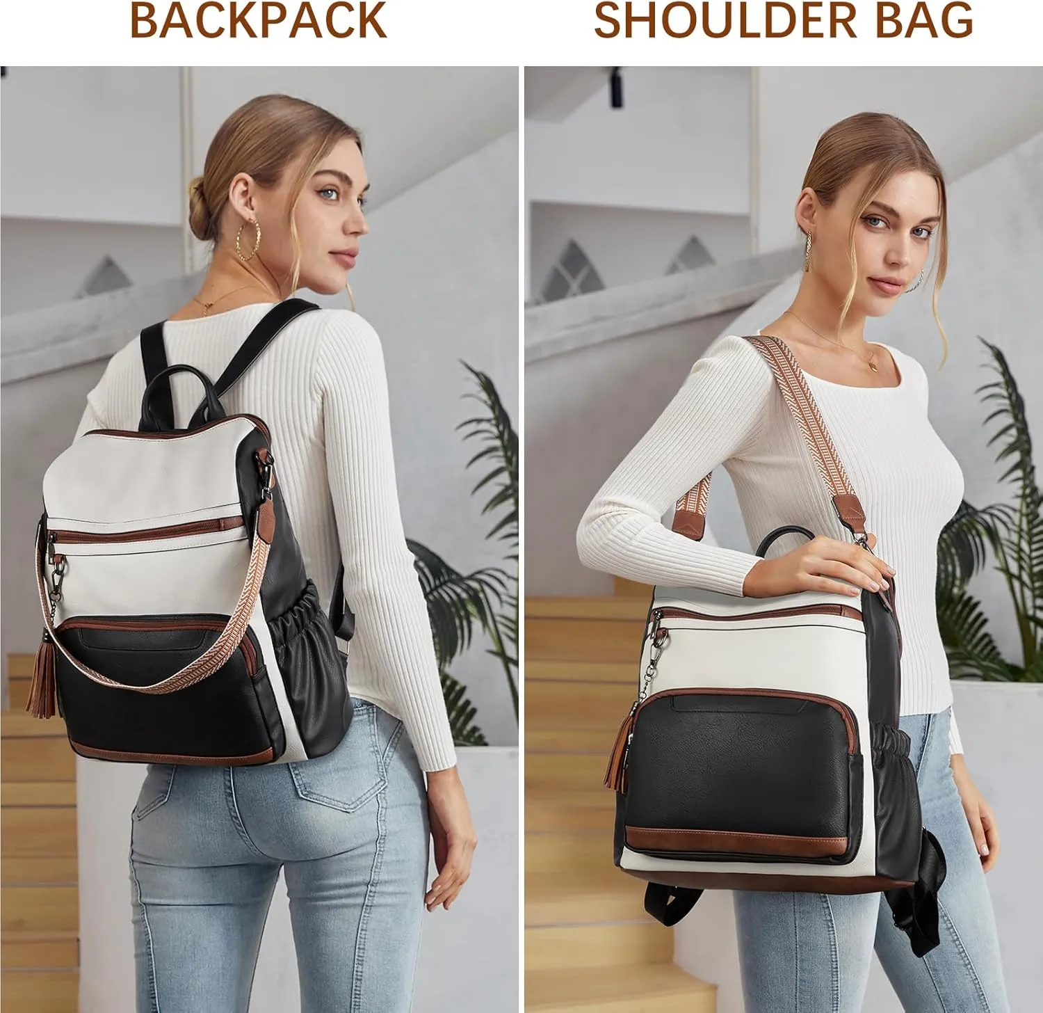 BOSTANTEN Leather Laptop Backpack for Women Designer Travel Backpack with Laptop Compartment Ladies Computer Shoulder Bags Black＆Beige＆Brown