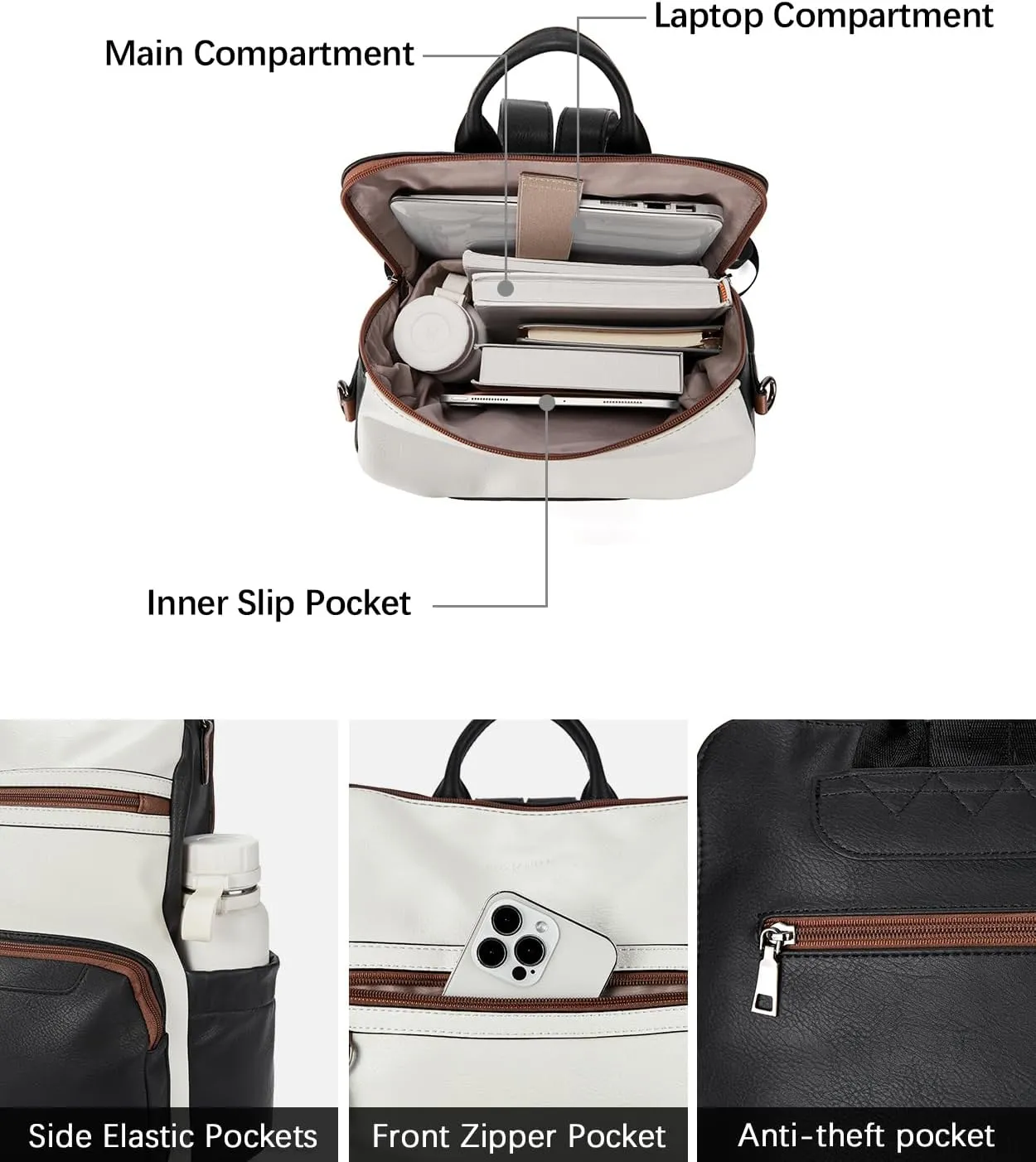 BOSTANTEN Leather Laptop Backpack for Women Designer Travel Backpack with Laptop Compartment Ladies Computer Shoulder Bags Black＆Beige＆Brown