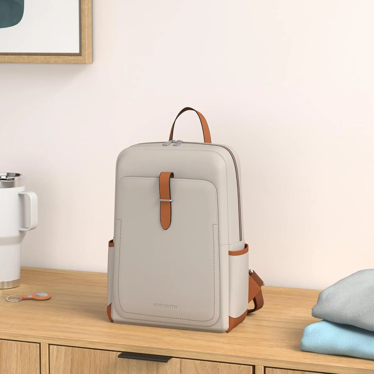 BOSTANTEN Leather Laptop Backpack for Women,15.6 inch Computer Backpack Purse College Daypack Work Travel Bag Beige-White