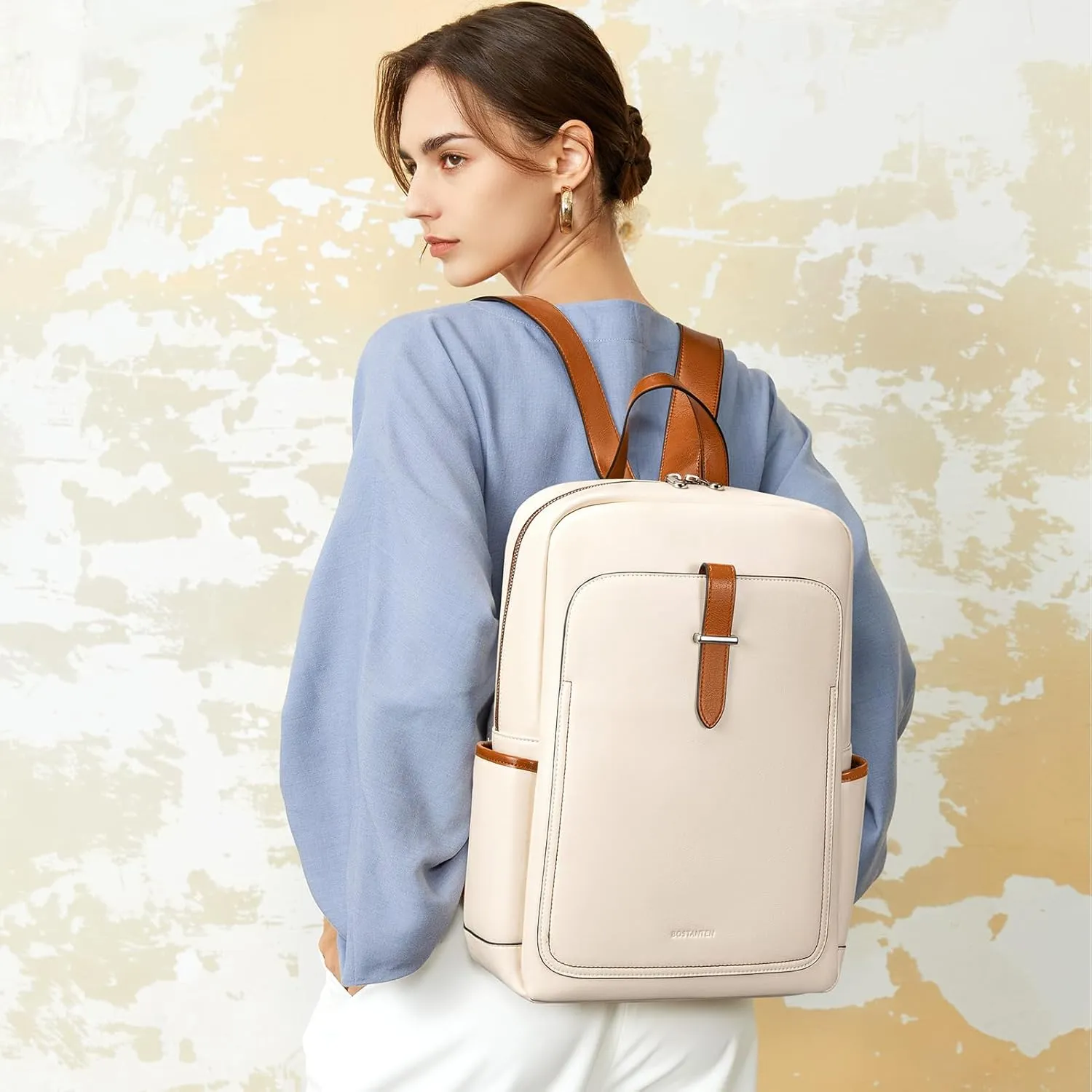 BOSTANTEN Leather Laptop Backpack for Women,15.6 inch Computer Backpack Purse College Daypack Work Travel Bag Beige-White