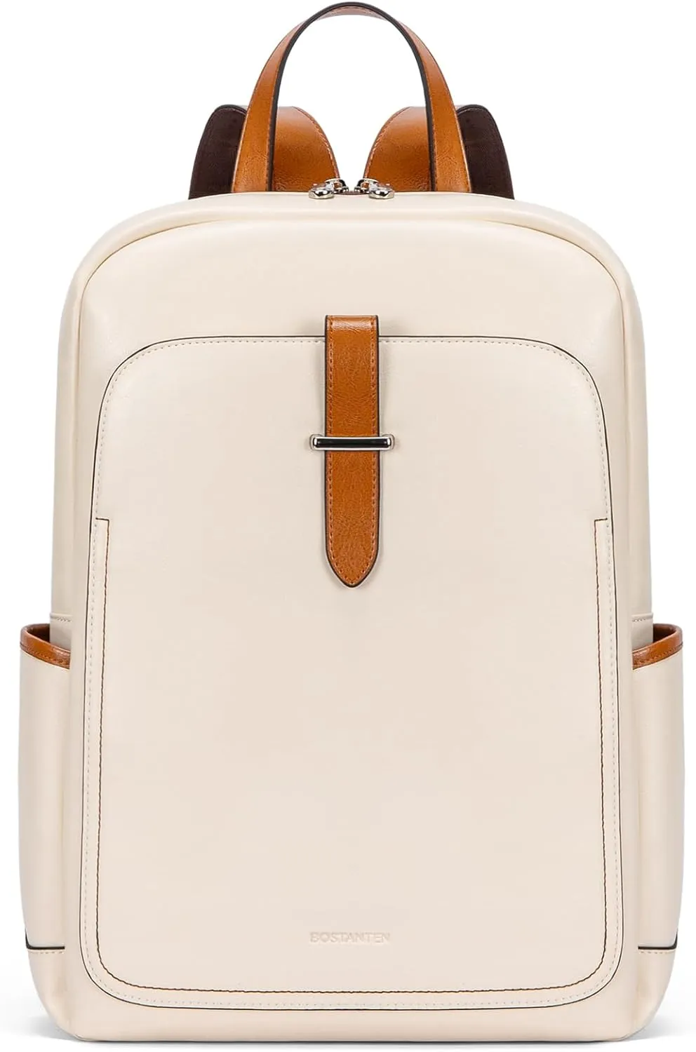 BOSTANTEN Leather Laptop Backpack for Women,15.6 inch Computer Backpack Purse College Daypack Work Travel Bag Beige-White
