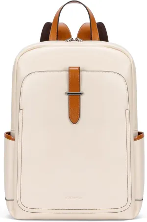 BOSTANTEN Leather Laptop Backpack for Women,15.6 inch Computer Backpack Purse College Daypack Work Travel Bag Beige-White