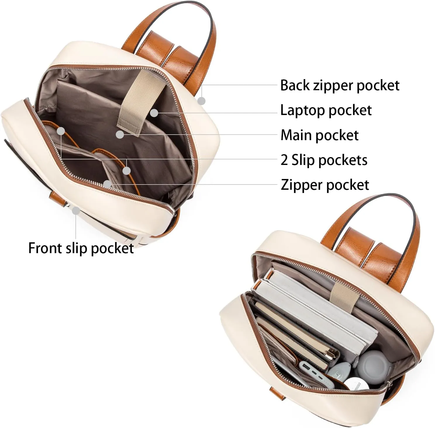 BOSTANTEN Leather Laptop Backpack for Women,15.6 inch Computer Backpack Purse College Daypack Work Travel Bag Beige-White