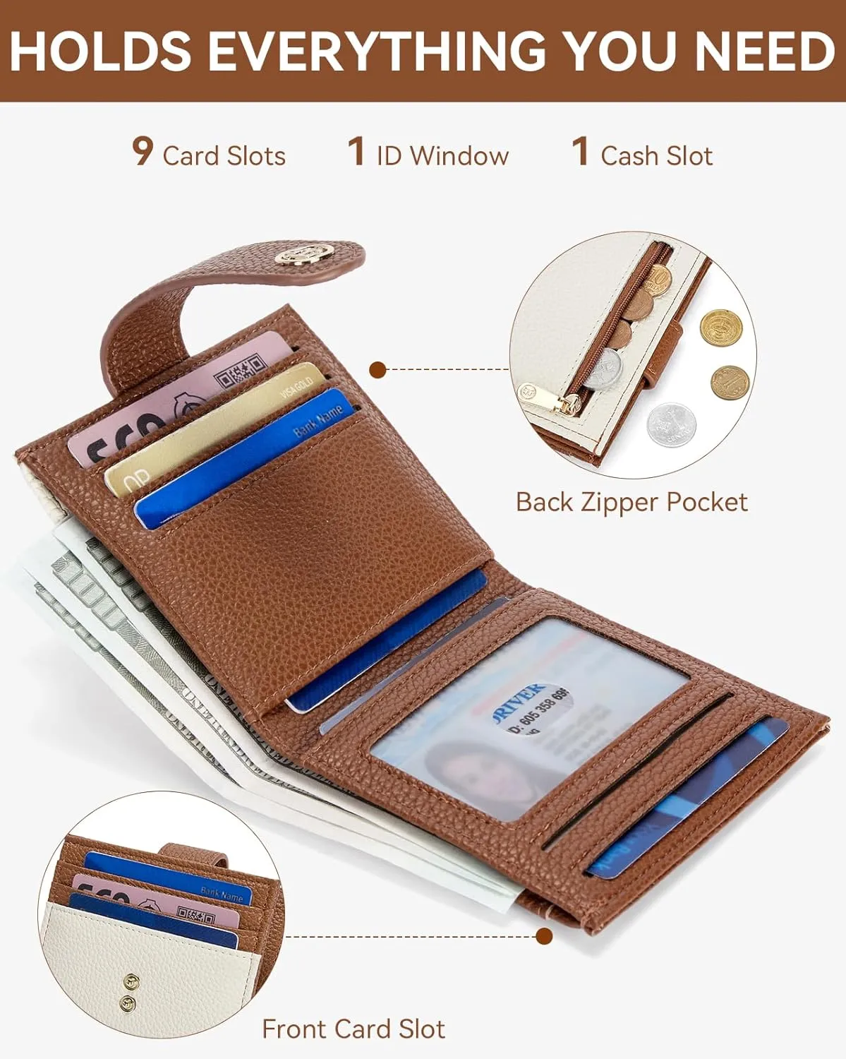 BOSTANTEN Slim Wallet for Women Small RFID Blocking Credit Card Holder Leather Bifold Wallets with Zipper Coin Pocket Beige＆Brown
