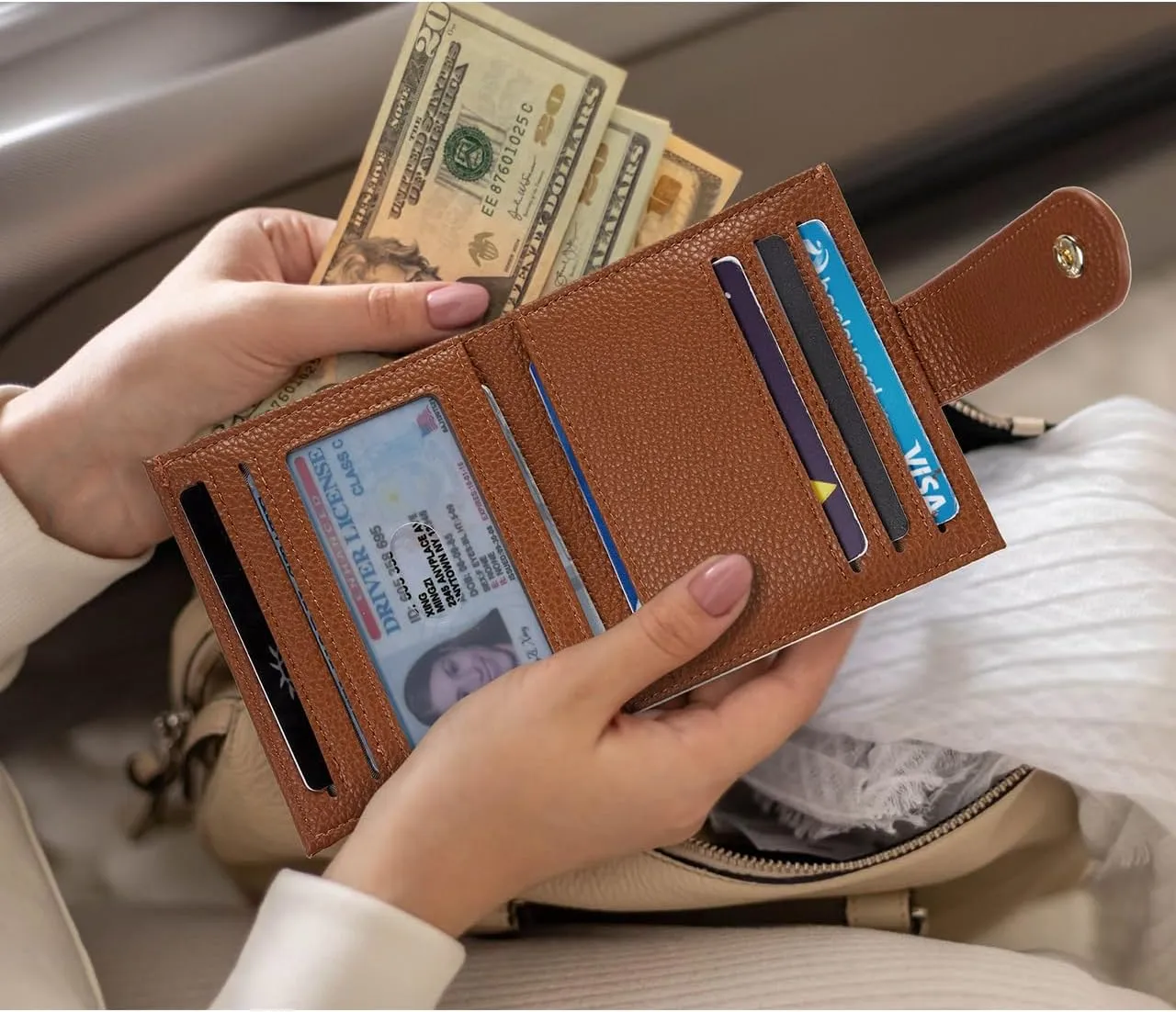 BOSTANTEN Slim Wallet for Women Small RFID Blocking Credit Card Holder Leather Bifold Wallets with Zipper Coin Pocket Beige＆Brown
