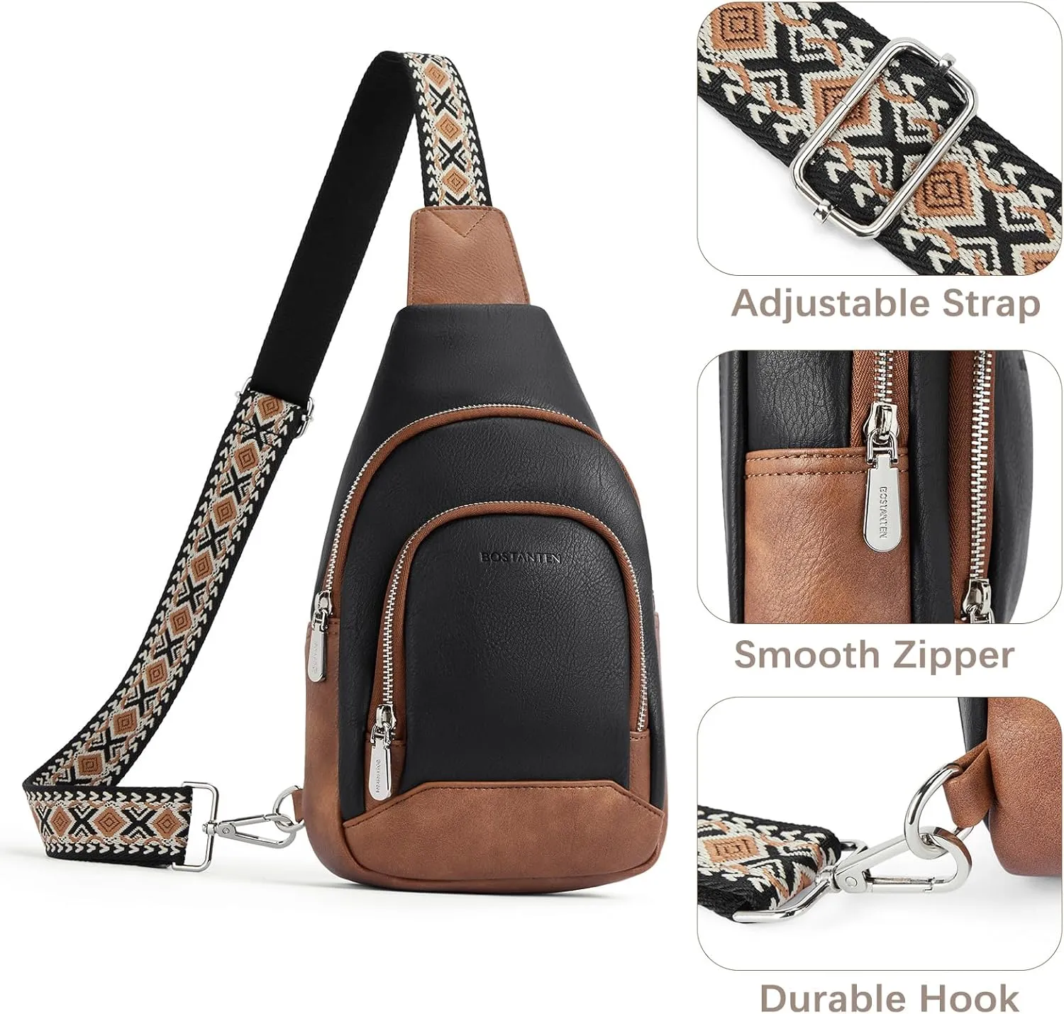 BOSTANTEN Sling Bag for Women Crossbody Purse Crossbody Bag Leather Chest Bag with Adjustable Guitar Strap for Travel