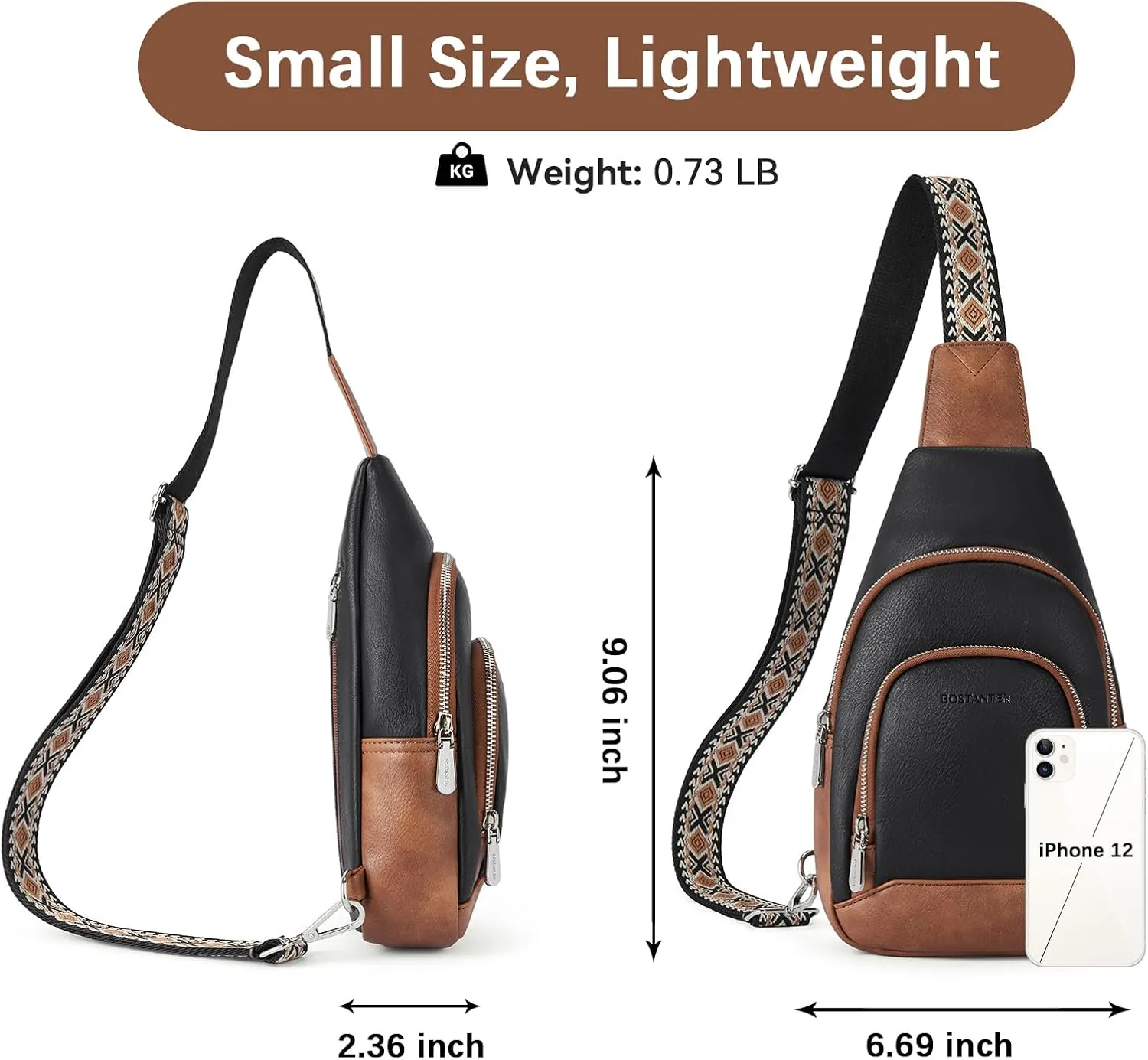BOSTANTEN Sling Bag for Women Crossbody Purse Crossbody Bag Leather Chest Bag with Adjustable Guitar Strap for Travel