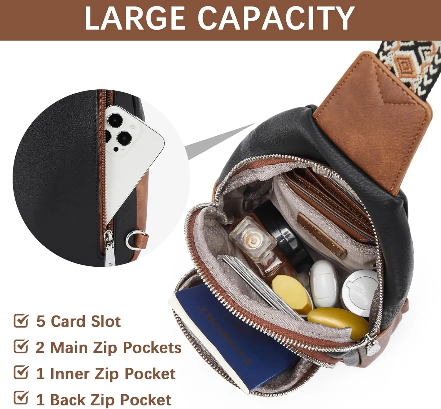 BOSTANTEN Sling Bag for Women Crossbody Purse Crossbody Bag Leather Chest Bag with Adjustable Guitar Strap for Travel