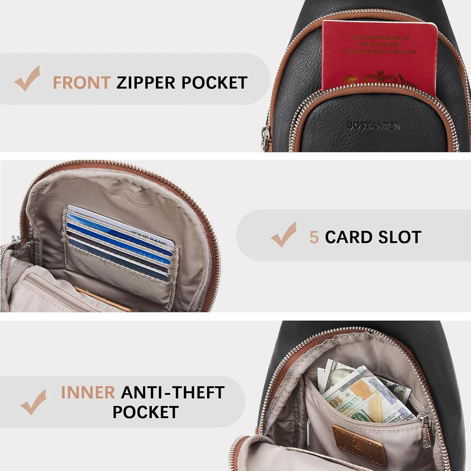 BOSTANTEN Sling Bag for Women Crossbody Purse Crossbody Bag Leather Chest Bag with Adjustable Guitar Strap for Travel