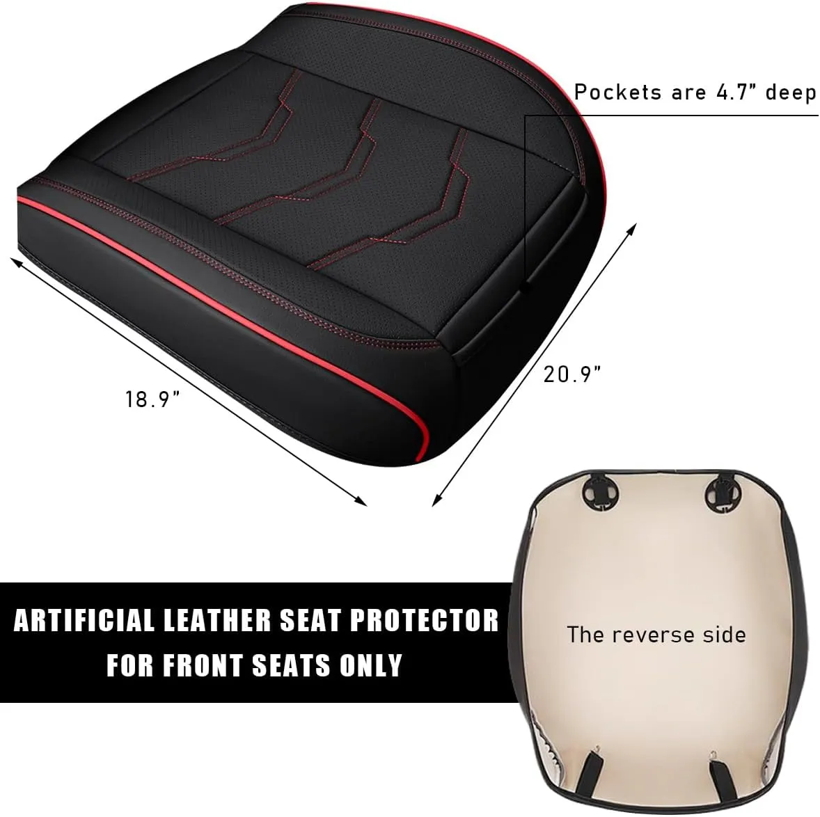 Bottom Car Seat Cover, Anti-Slip Breathable Comfy Leather Front Seat Cushion Protector, Fully Wrapped Auto Bottom Seat Cover with Storage Pocket, Practical Car Accessories (Black&Red)