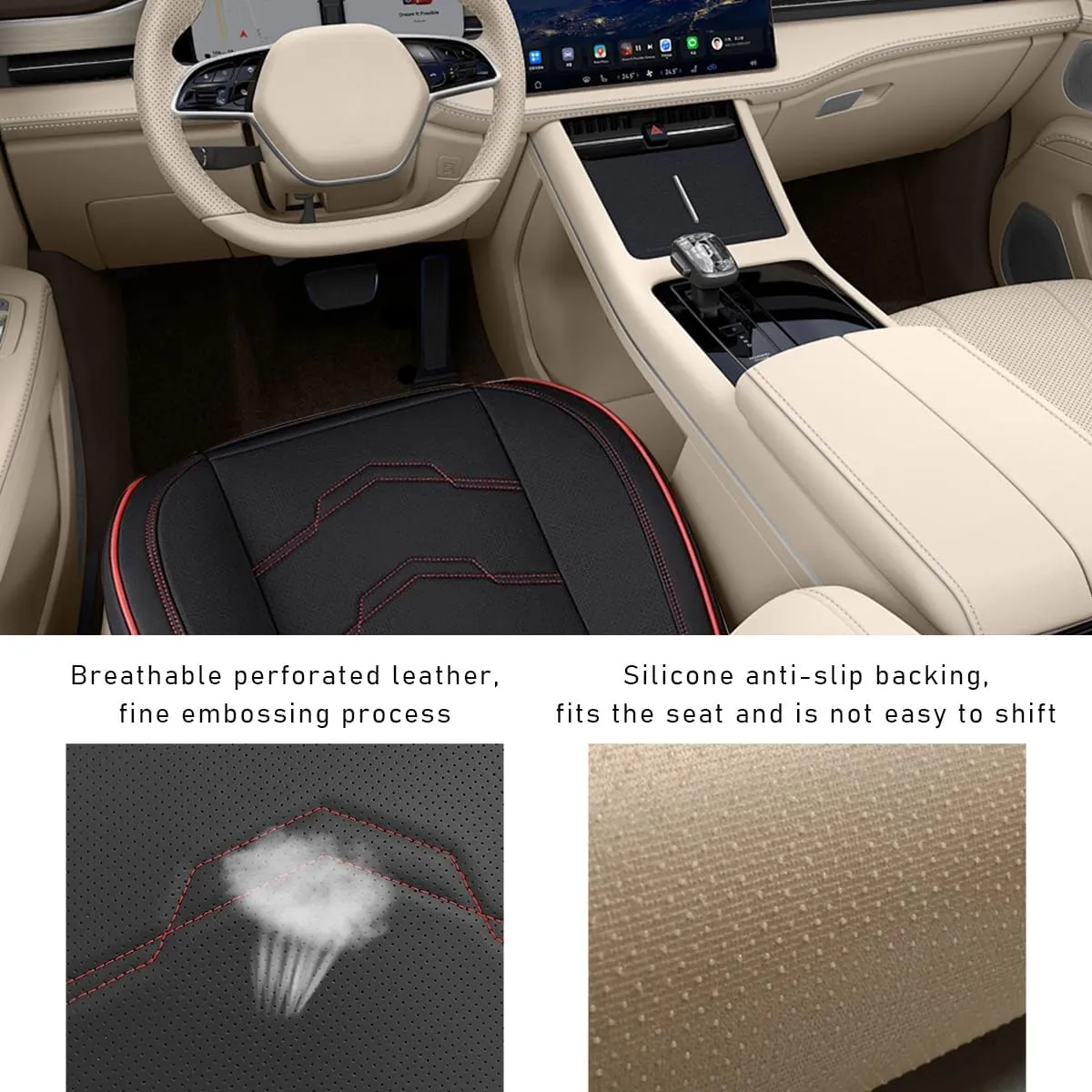 Bottom Car Seat Cover, Anti-Slip Breathable Comfy Leather Front Seat Cushion Protector, Fully Wrapped Auto Bottom Seat Cover with Storage Pocket, Practical Car Accessories (Black&Red)