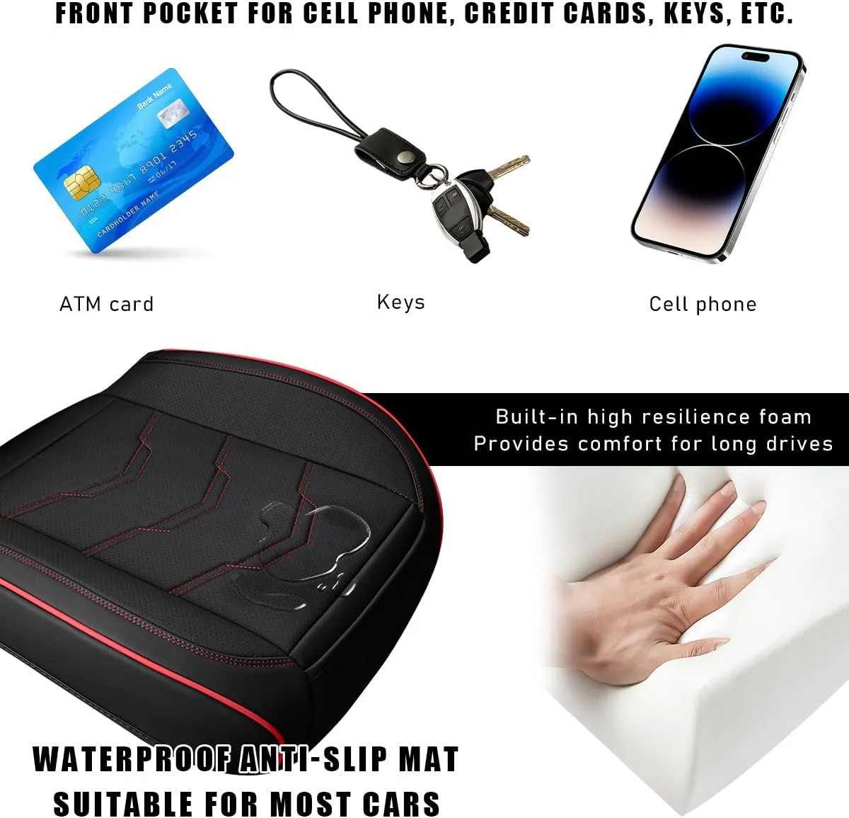 Bottom Car Seat Cover, Anti-Slip Breathable Comfy Leather Front Seat Cushion Protector, Fully Wrapped Auto Bottom Seat Cover with Storage Pocket, Practical Car Accessories (Black&Red)