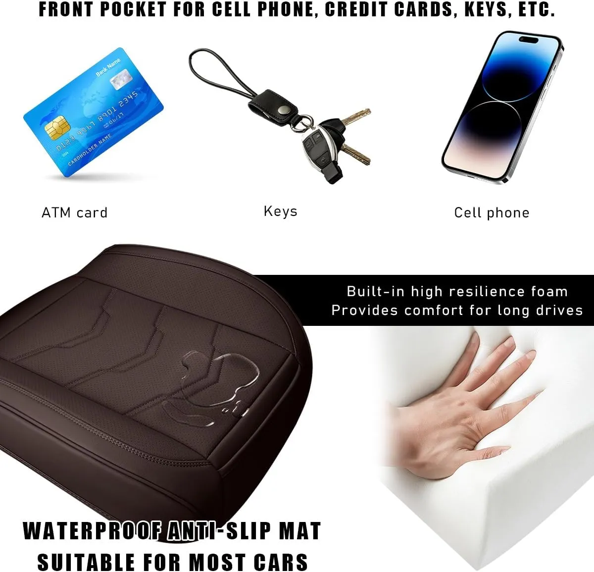 Bottom Car Seat Cover, Anti-Slip Breathable Comfy Leather Front Seat Cushion Protector, Fully Wrapped Auto Bottom Seat Cover with Storage Pocket, Practical Car Accessories (Coffee)