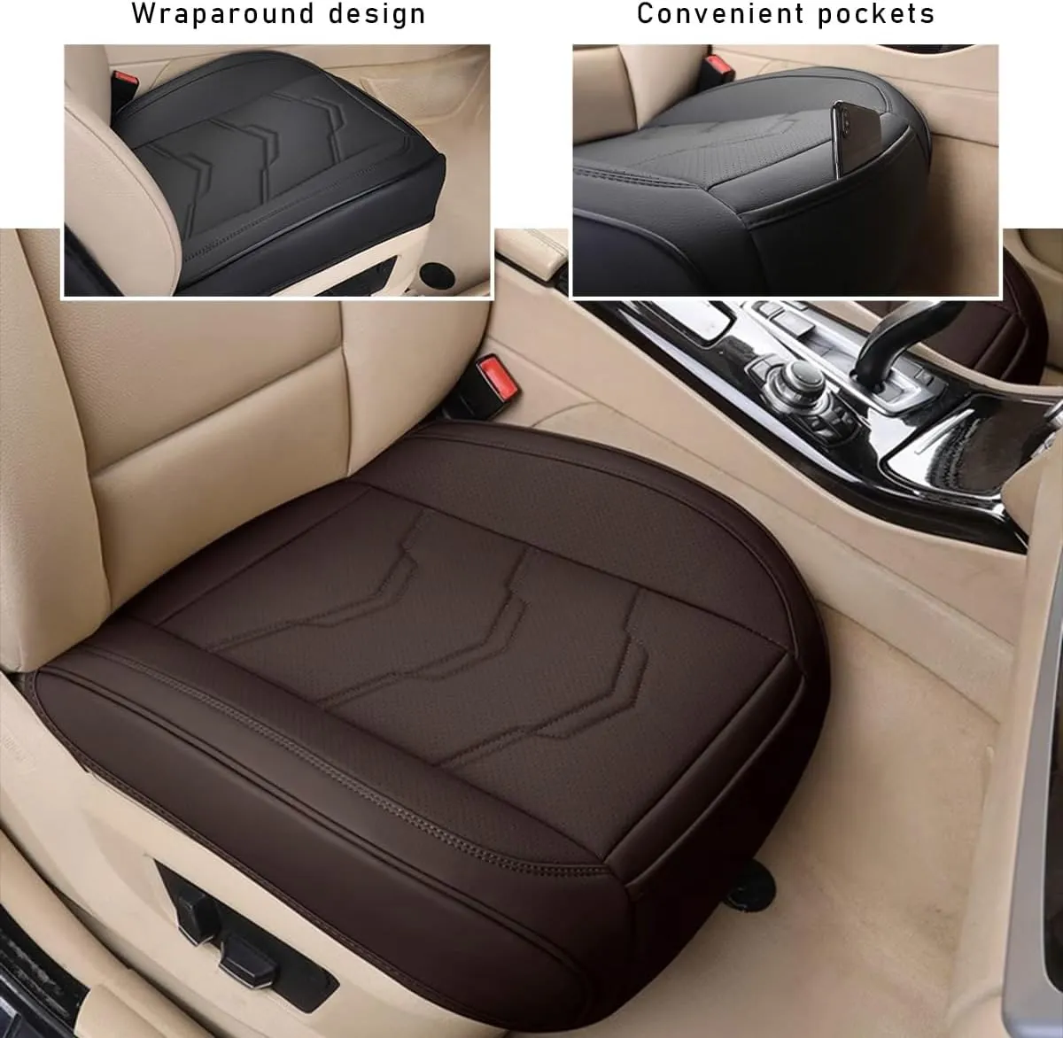 Bottom Car Seat Cover, Anti-Slip Breathable Comfy Leather Front Seat Cushion Protector, Fully Wrapped Auto Bottom Seat Cover with Storage Pocket, Practical Car Accessories (Coffee)