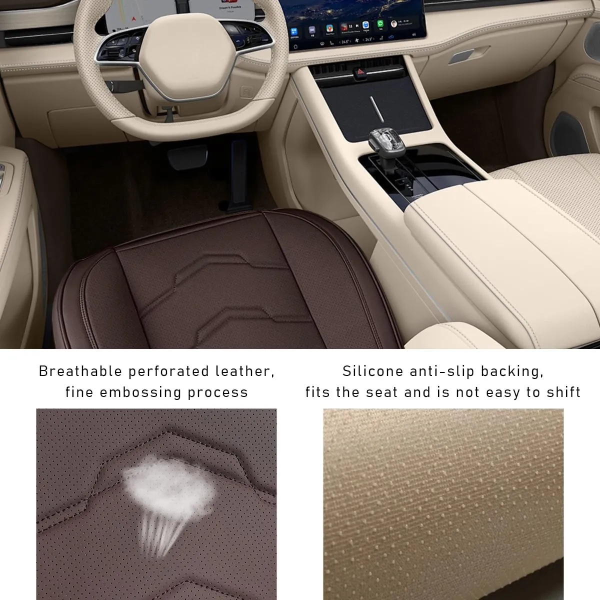 Bottom Car Seat Cover, Anti-Slip Breathable Comfy Leather Front Seat Cushion Protector, Fully Wrapped Auto Bottom Seat Cover with Storage Pocket, Practical Car Accessories (Coffee)