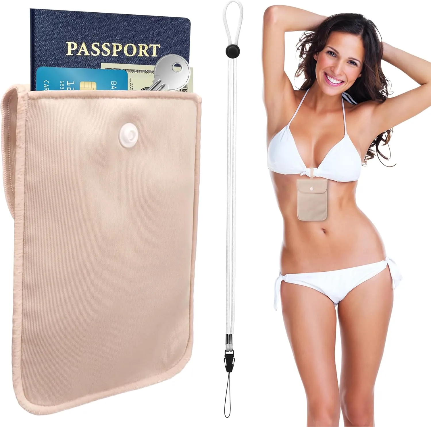 Bra Wallet Women Travel with Adjustable Elastic strap and Lanyard, Perfect Hidden Secret Pocket Protect Your Passport Credit Cards Valuables (Large Flesh color)