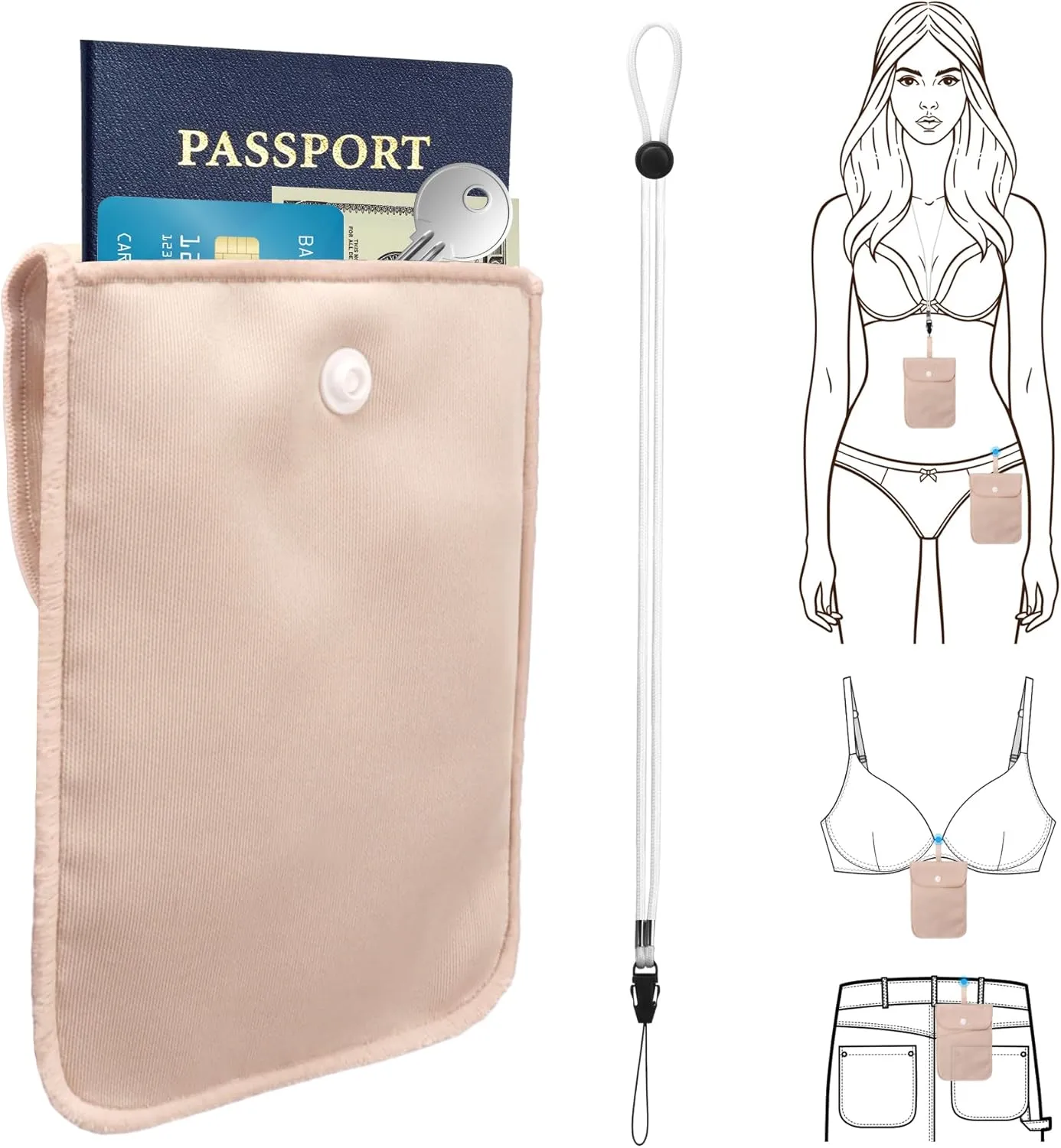 Bra Wallet Women Travel with Adjustable Elastic strap and Lanyard, Perfect Hidden Secret Pocket Protect Your Passport Credit Cards Valuables (Large Flesh color)
